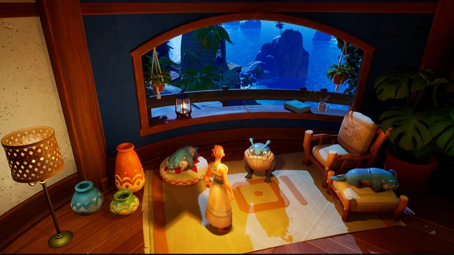 Voyagers of Nera: Character interacting with magical creatures in a cozy room overlooking the ocean.