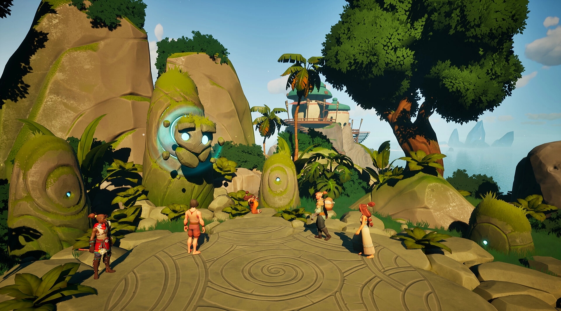 Voyagers of Nera: Players gather on a mystical island with glowing stone faces and lush vegetation