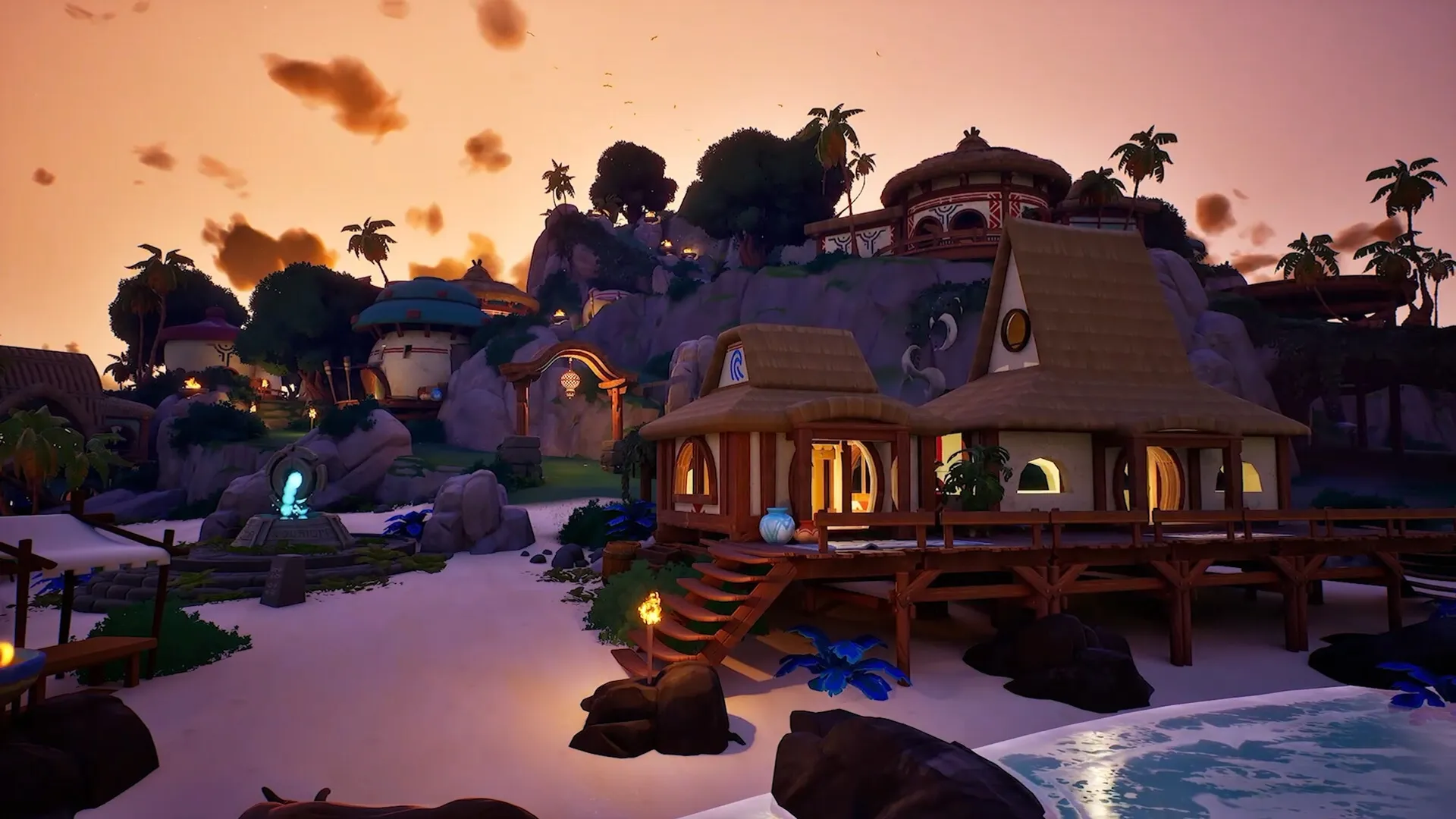 Voyagers of Nera: Coastal village with huts and glowing spirit statue at sunset in lush island setting