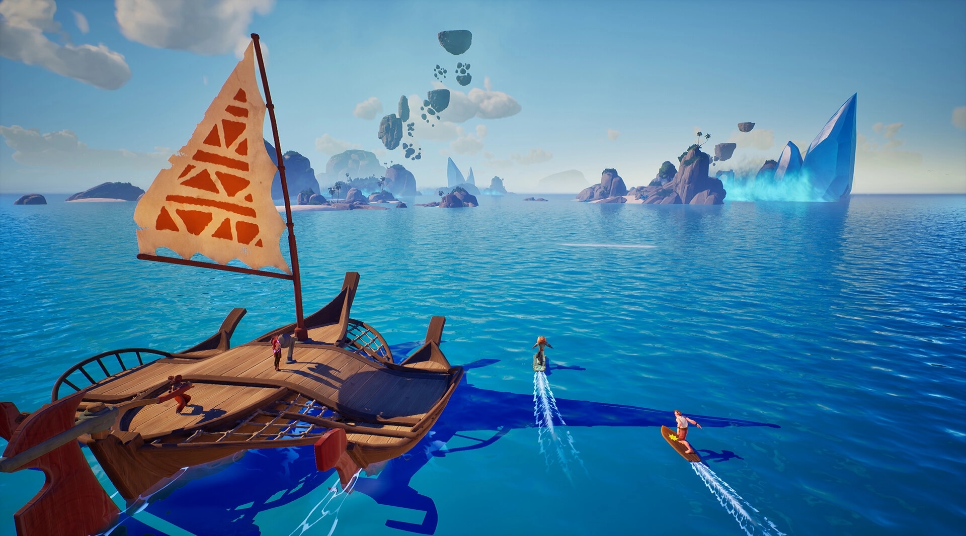 Voyagers of Nera: Players sail and skim on a vibrant ocean with floating islands and crystal formations