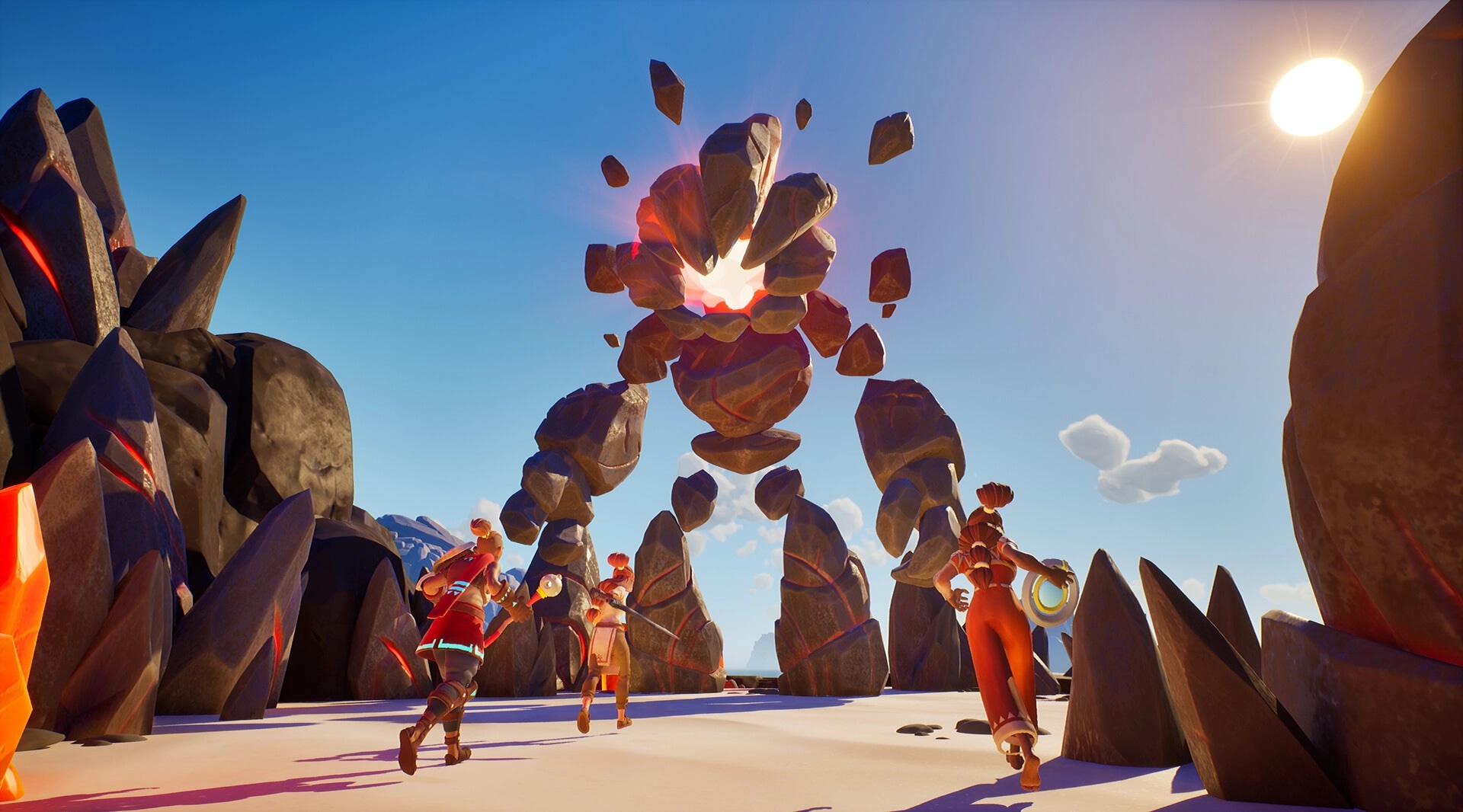 Voyagers of Nera: Players confront a towering rock golem on a sunlit beach surrounded by jagged cliffs.