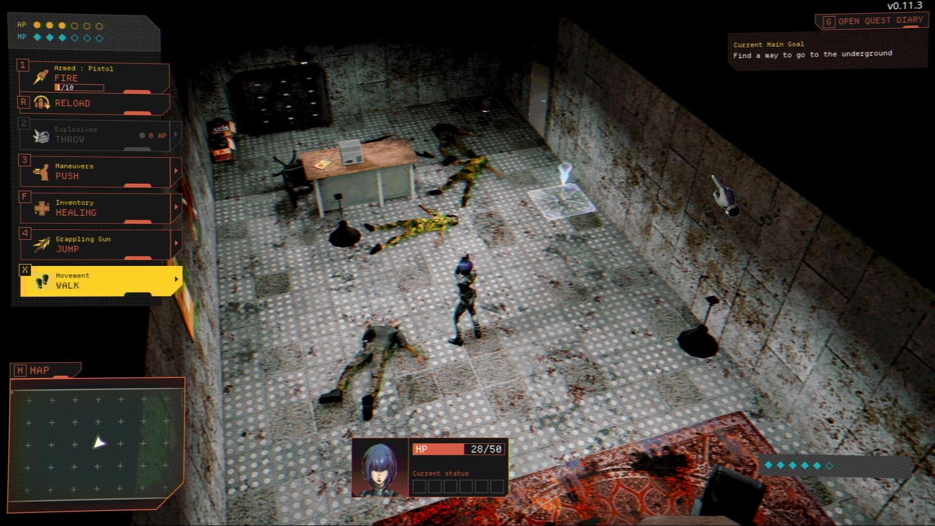 Vultures: Operative in turn-based move mode amid corpses, bloodstains, and a cluttered office room.