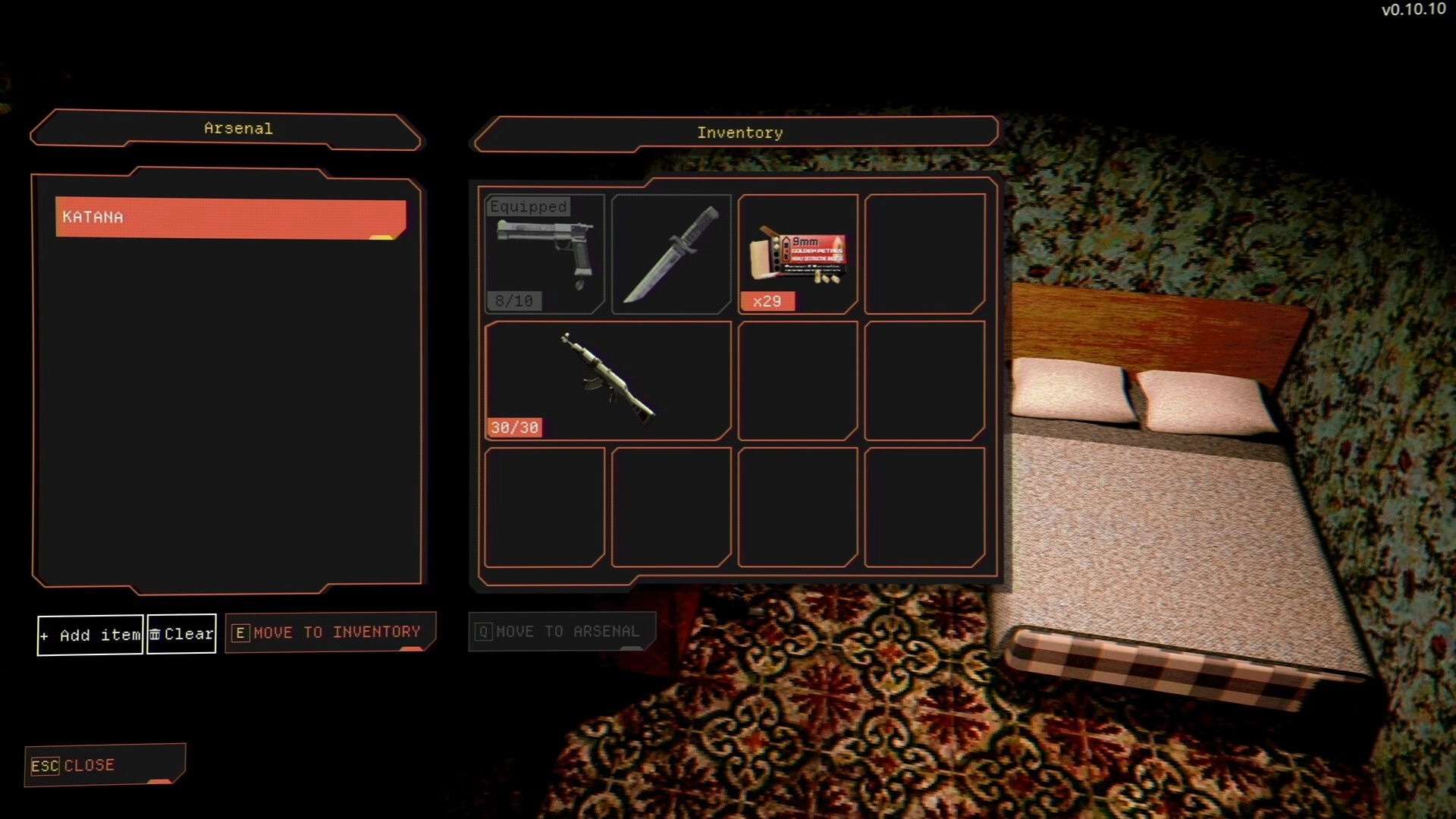 Vultures: Arsenal and inventory UI with katana, pistol, rifle and 9mm ammo over motel bed scene.