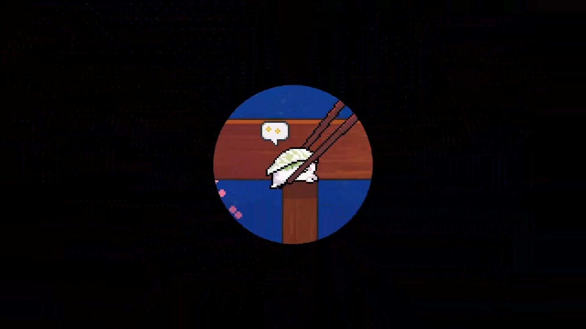 Wabisabi SushiDerby: Pixel sushi racer under chopsticks with speech bubble on a blue track lane.