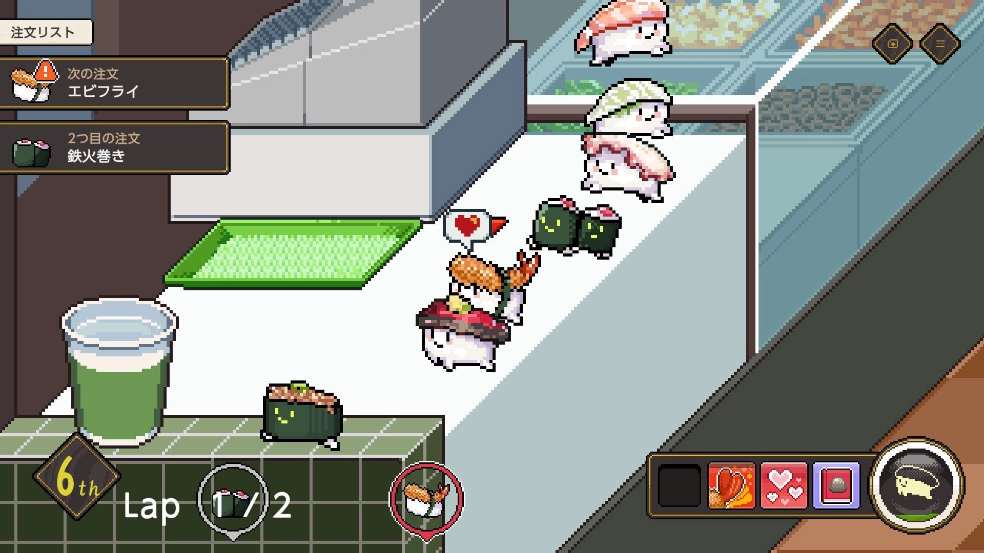 Wabisabi SushiDerby: Sushi racers on a countertop track with order list UI and lap 1/2 in kitchen.