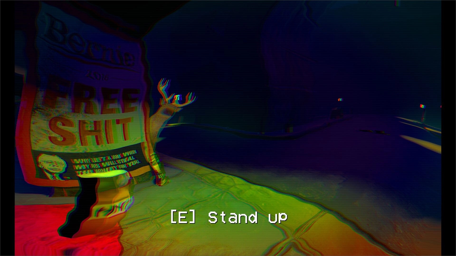 Waiting for Heaven: Prompt “[E] Stand up” at night bus stop beside a “Free Shit” sign in foggy dark road.