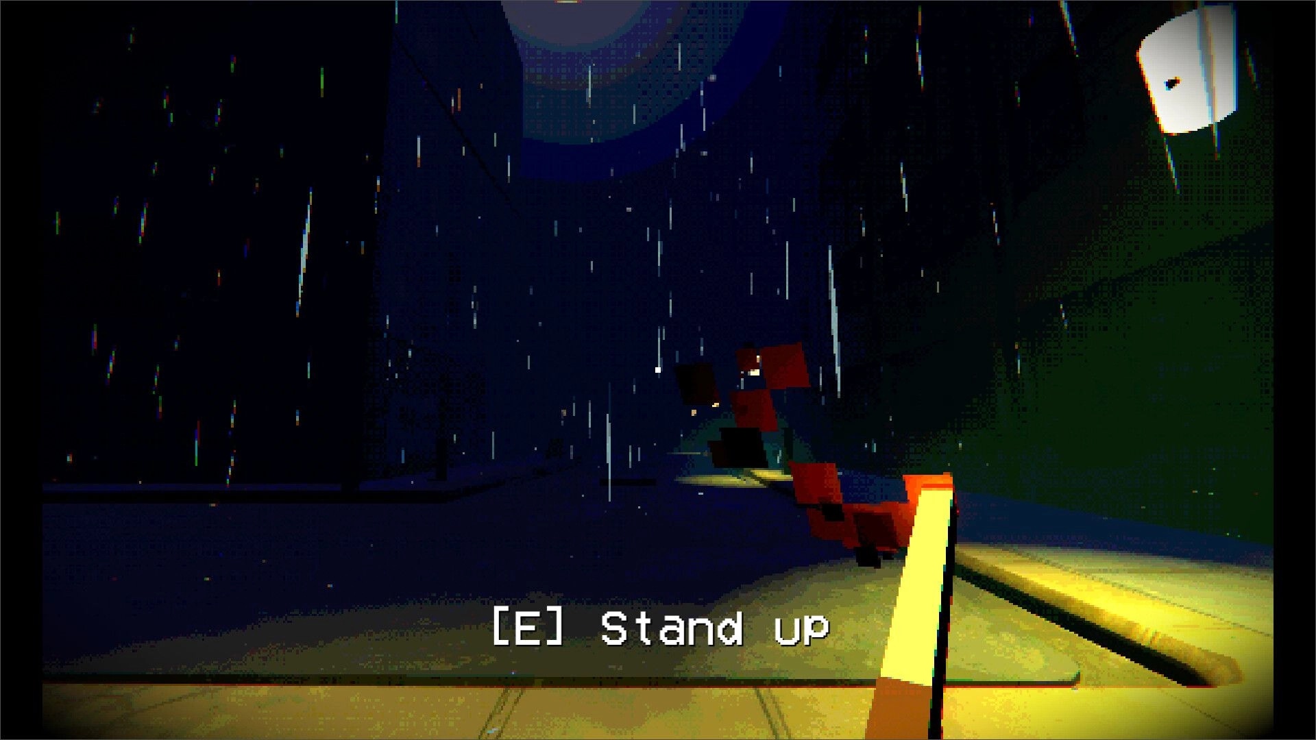 Waiting for Heaven: Prompt “[E] Stand up” on rainy night street with eerie figure watching nearby.