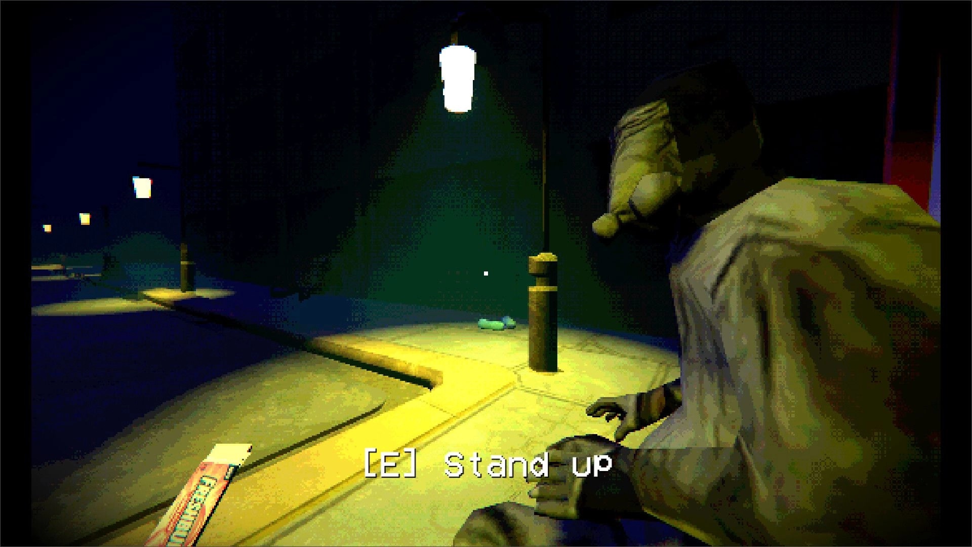 Waiting for Heaven: First-person view seated at a bus stop, prompt “[E] Stand up” under streetlights at night.