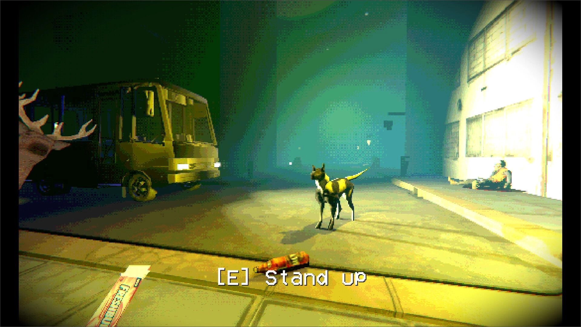 Waiting for Heaven: Prompt “[E] Stand up” as a dog stands by a bus in a foggy street at night.