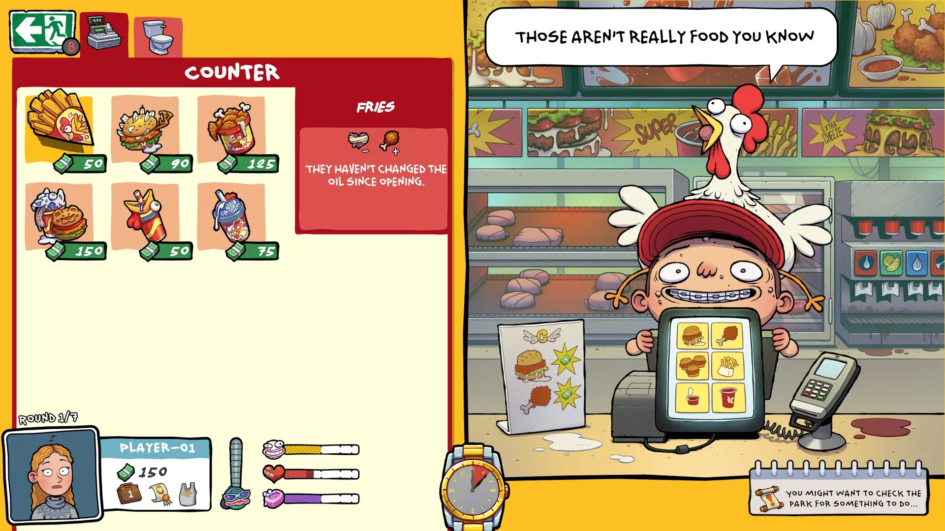 Walk of Life: Player at fast-food counter with menu options and comical character interaction
