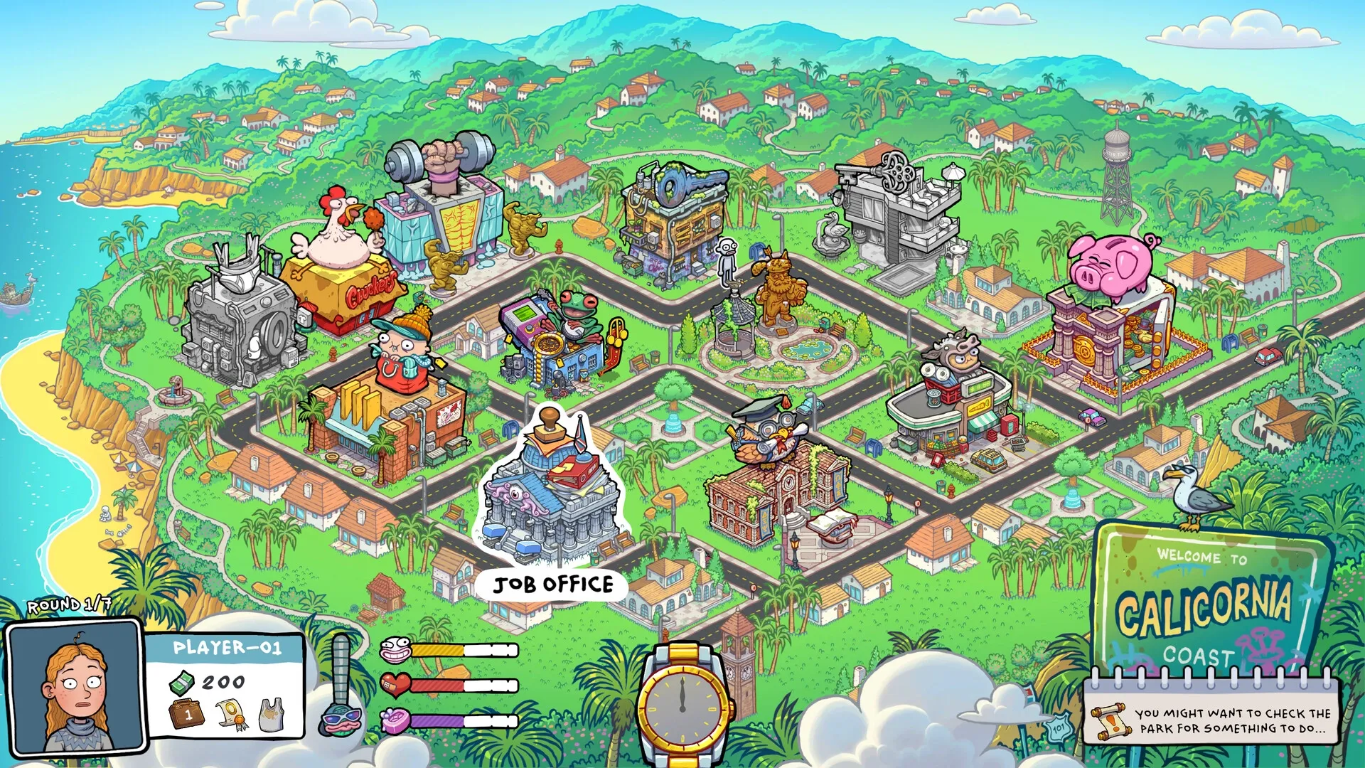 Walk of Life: City overview with colorful buildings, player stats, and job office highlighted on map