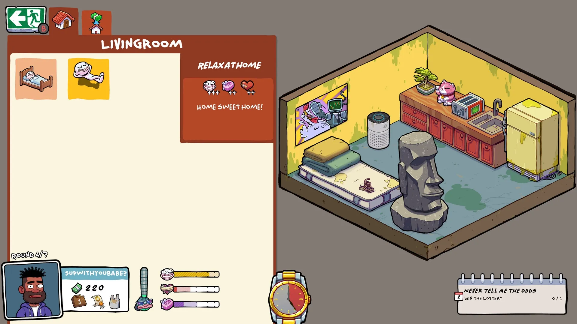 Walk of Life: Living room overview with character status, relaxation options, and task list visible
