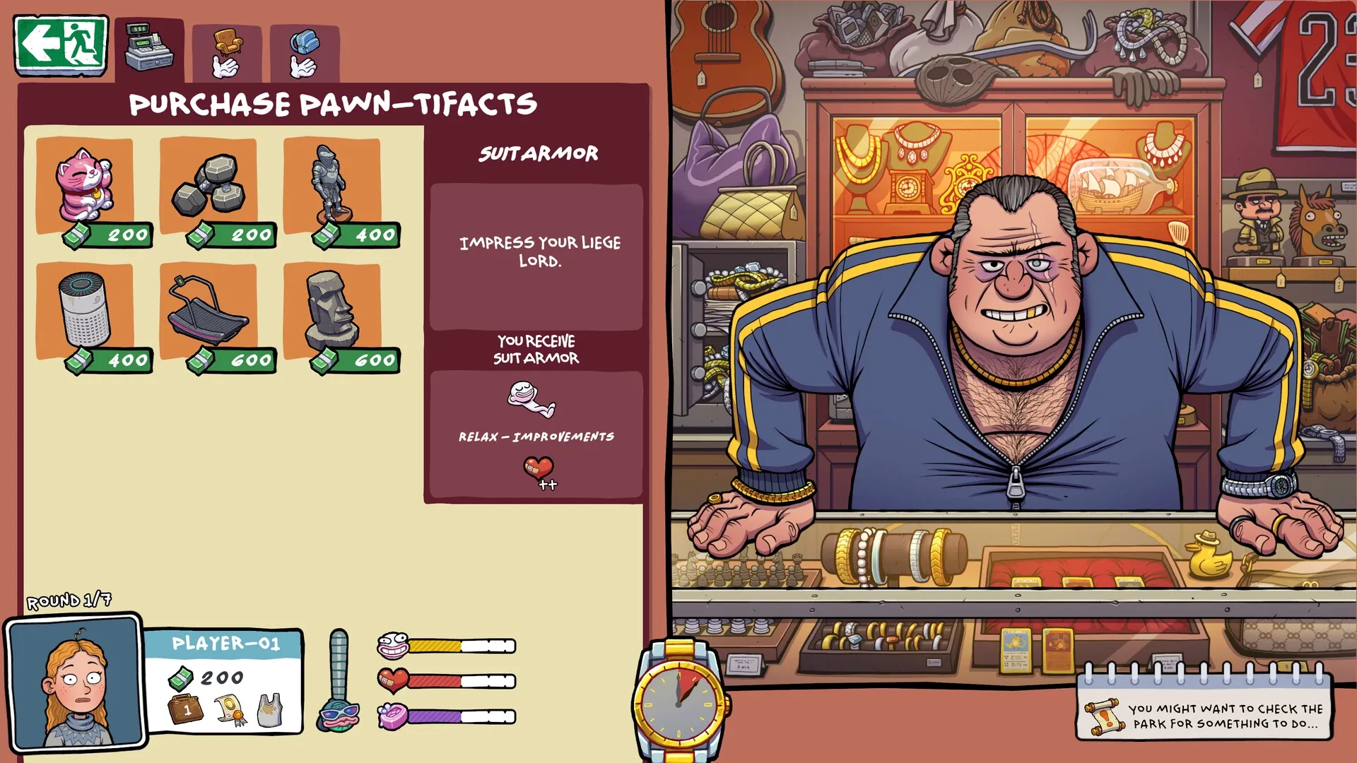 Walk of Life: Player buying artifacts in pawn shop with shopkeeper behind counter, displaying suit armor benefits.