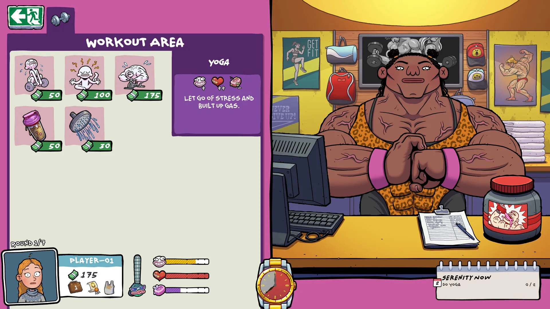Walk of Life: Workout area menu with yoga options and a muscular trainer at the reception desk.