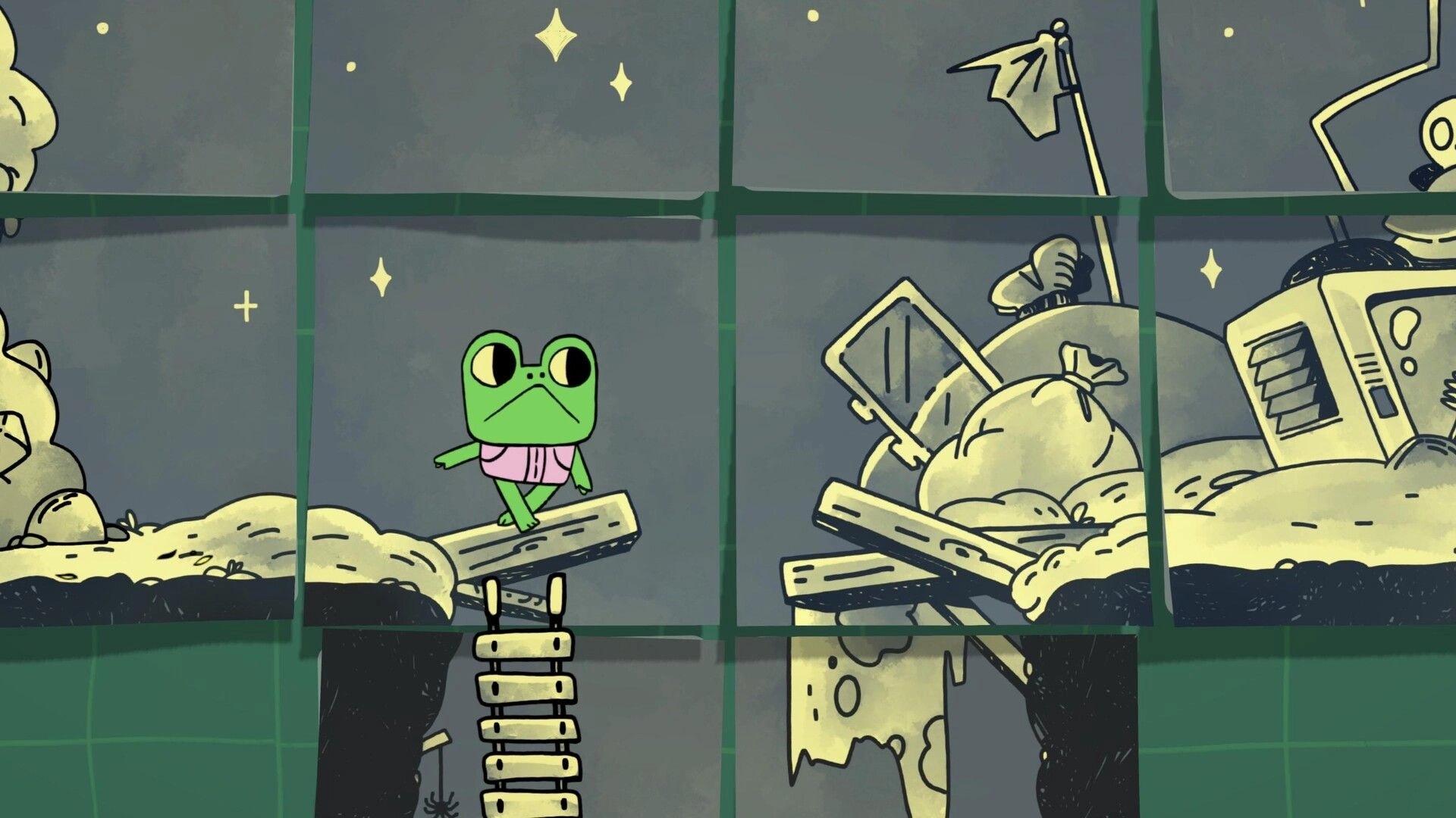 Walk The Frog: Froggo stands on a wooden platform with a rope ladder, surrounded by a starry night sky.