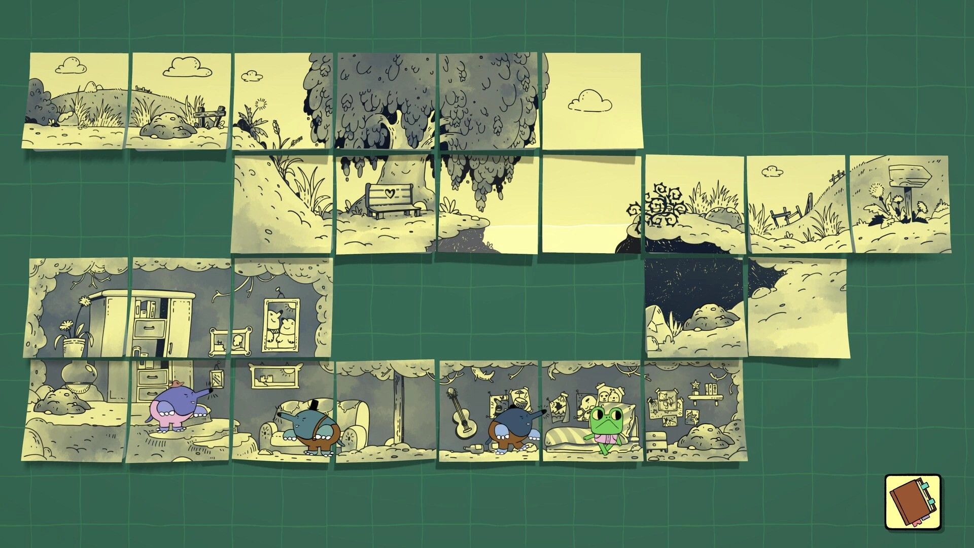 Walk The Frog: Froggo explores sticky notes with quirky friends in a cozy room and outdoor puzzle setting.