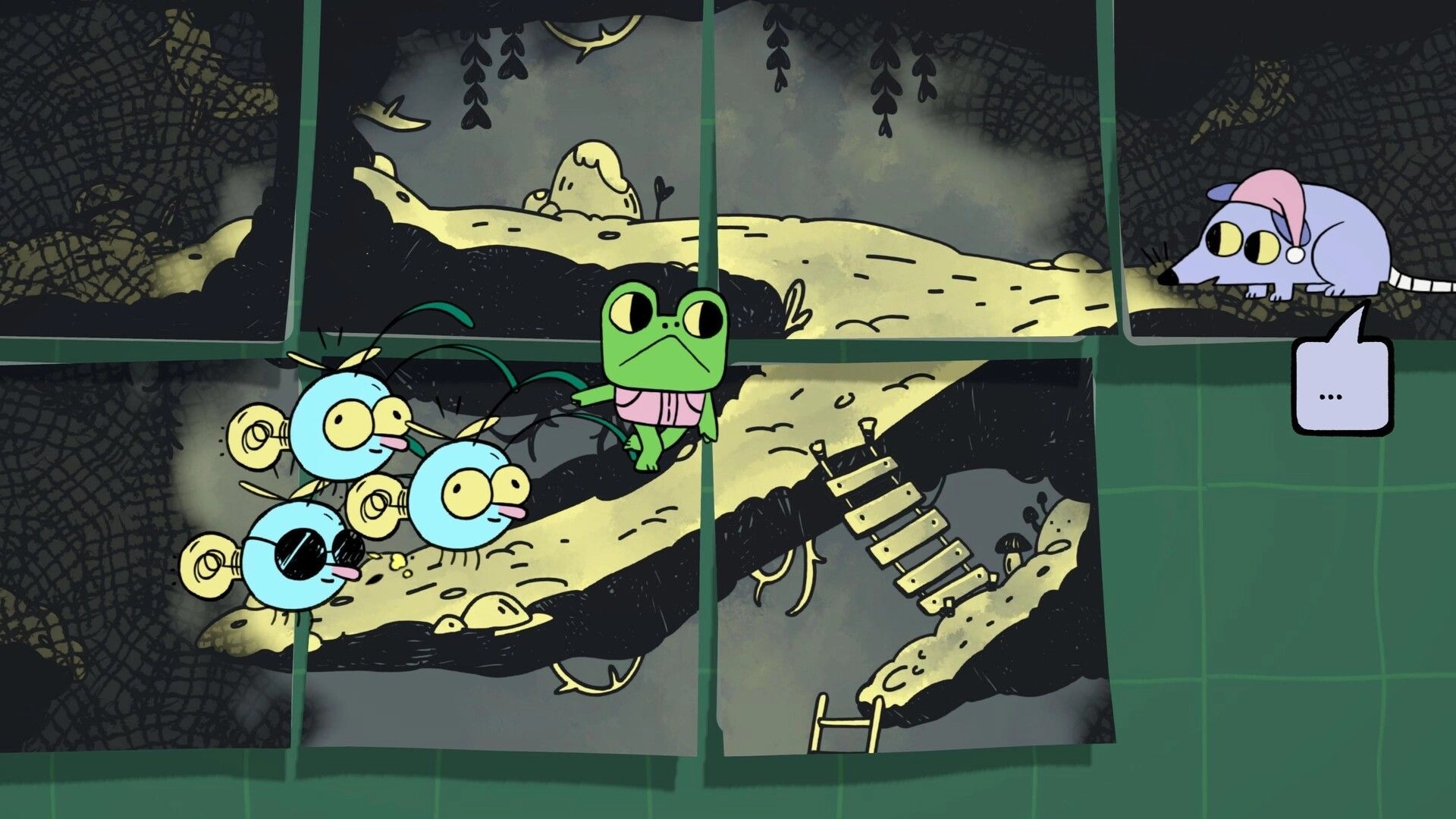 Walk The Frog: Froggo and quirky bugs explore a stickynote forest with a ladder and sleepy mouse nearby