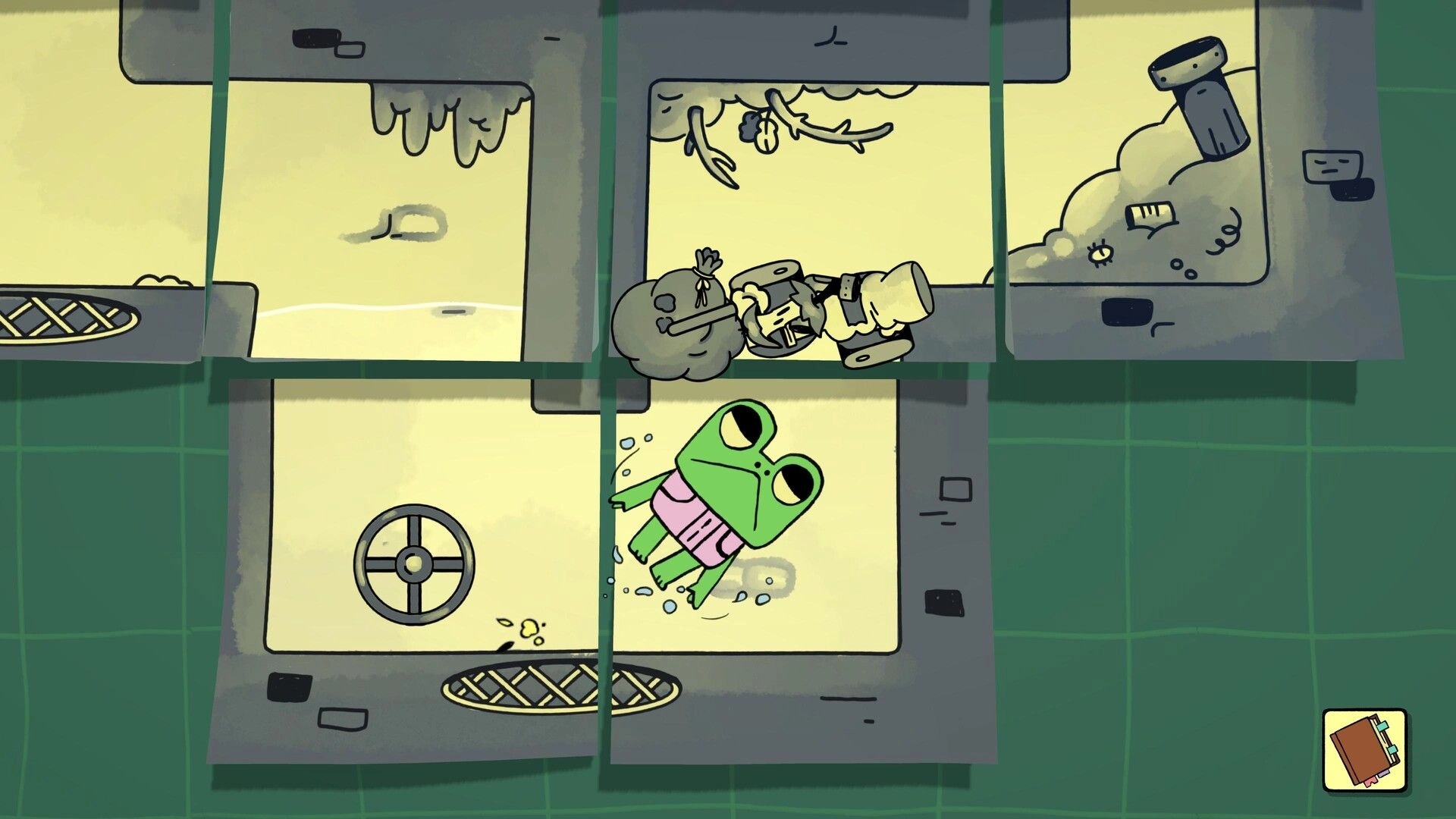 Walk The Frog: Froggo navigates sticky note tiles with a skeleton and items, solving puzzles on grid background.
