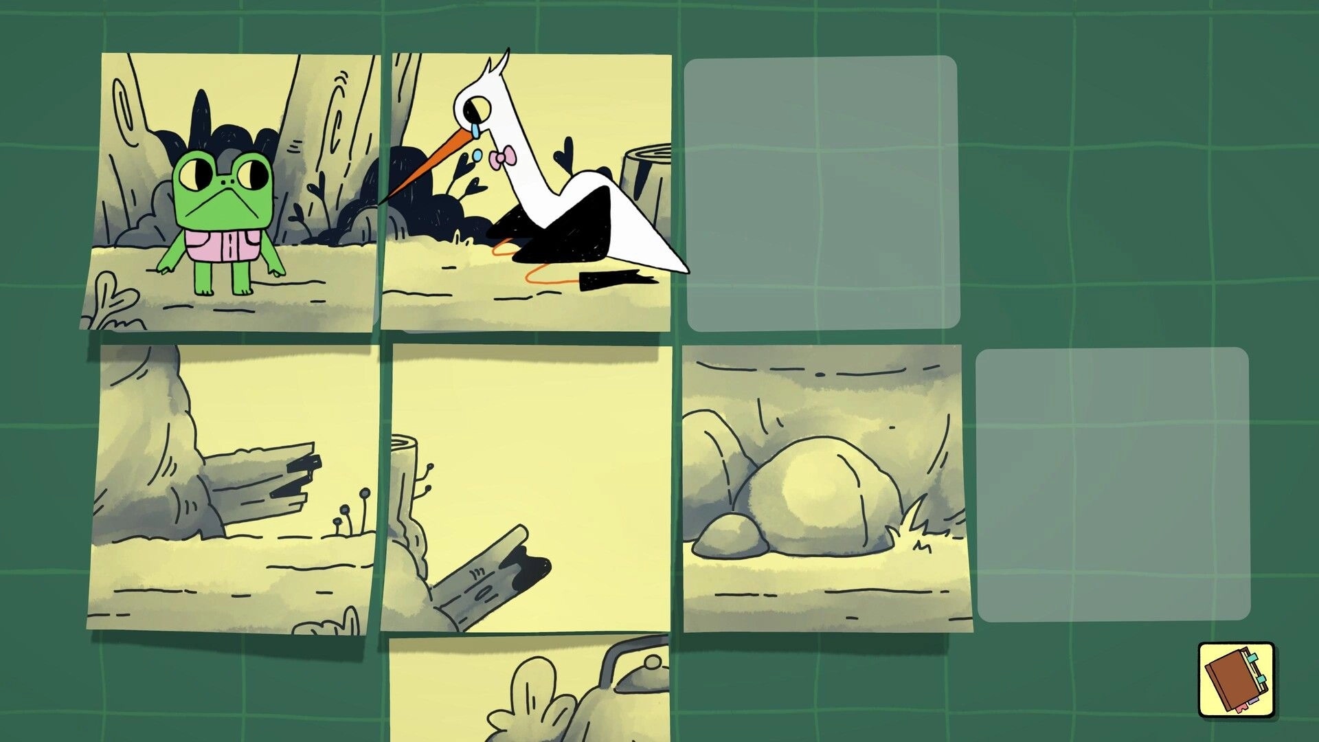 Walk The Frog: Froggo and bird friend on grid-based puzzle of sticky notes in forest setting