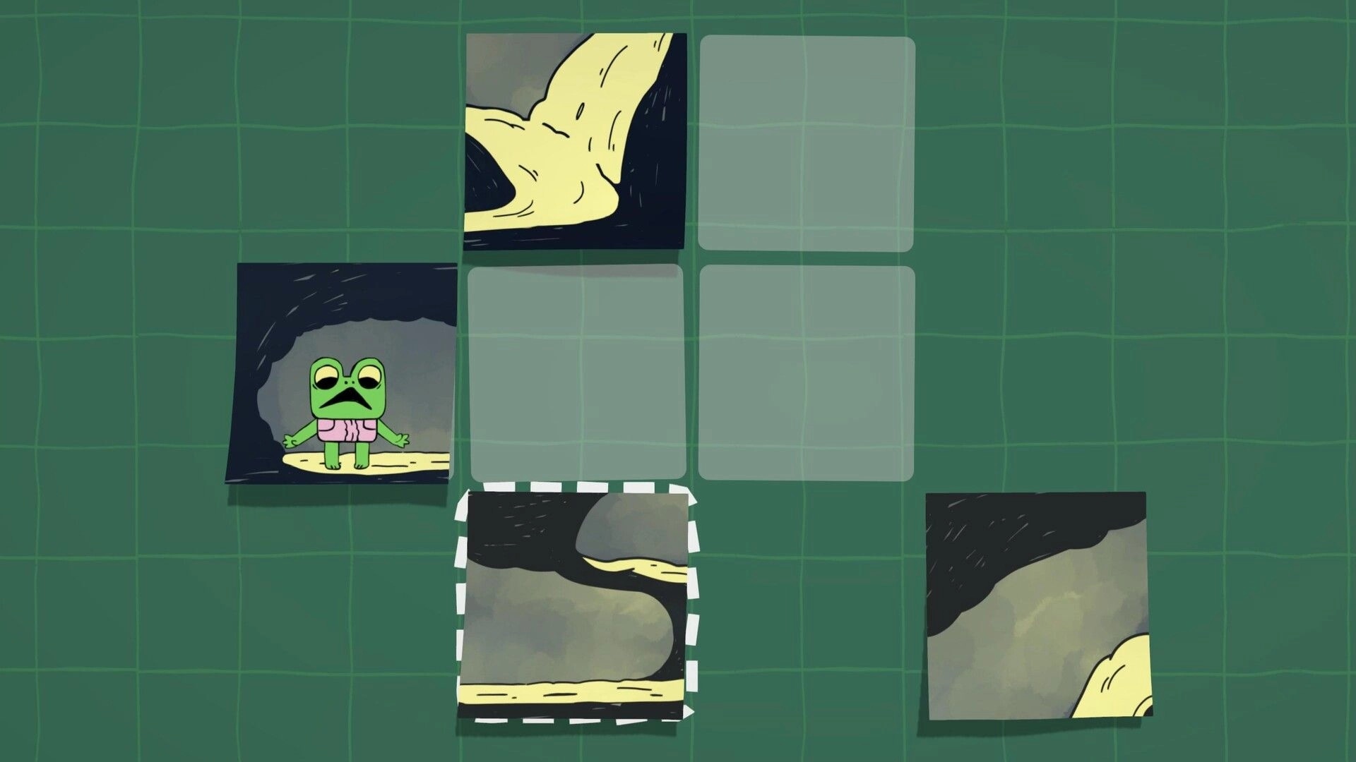 Walk The Frog: Froggo in puzzle grid with movable path tiles on a green background.
