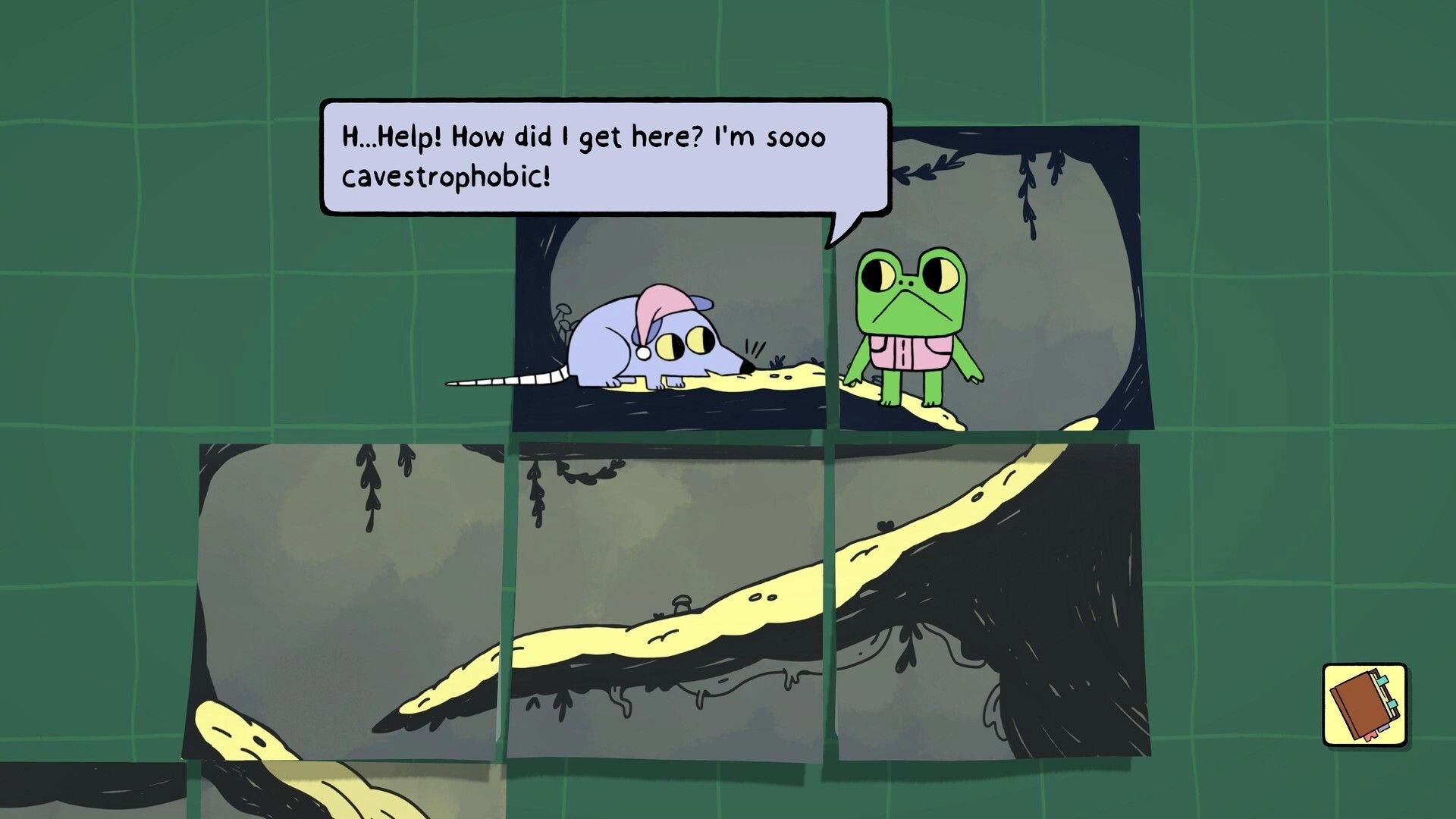 Walk The Frog: Froggo encounters a scared mouse friend in a cave-like sticky note puzzle environment.
