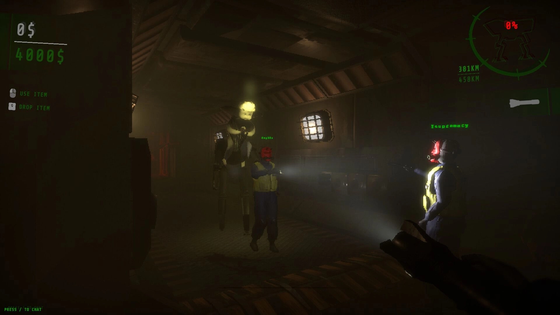 WALKER: Players explore dimly lit armored corridor with flashlights, displaying inventory and radar UI.