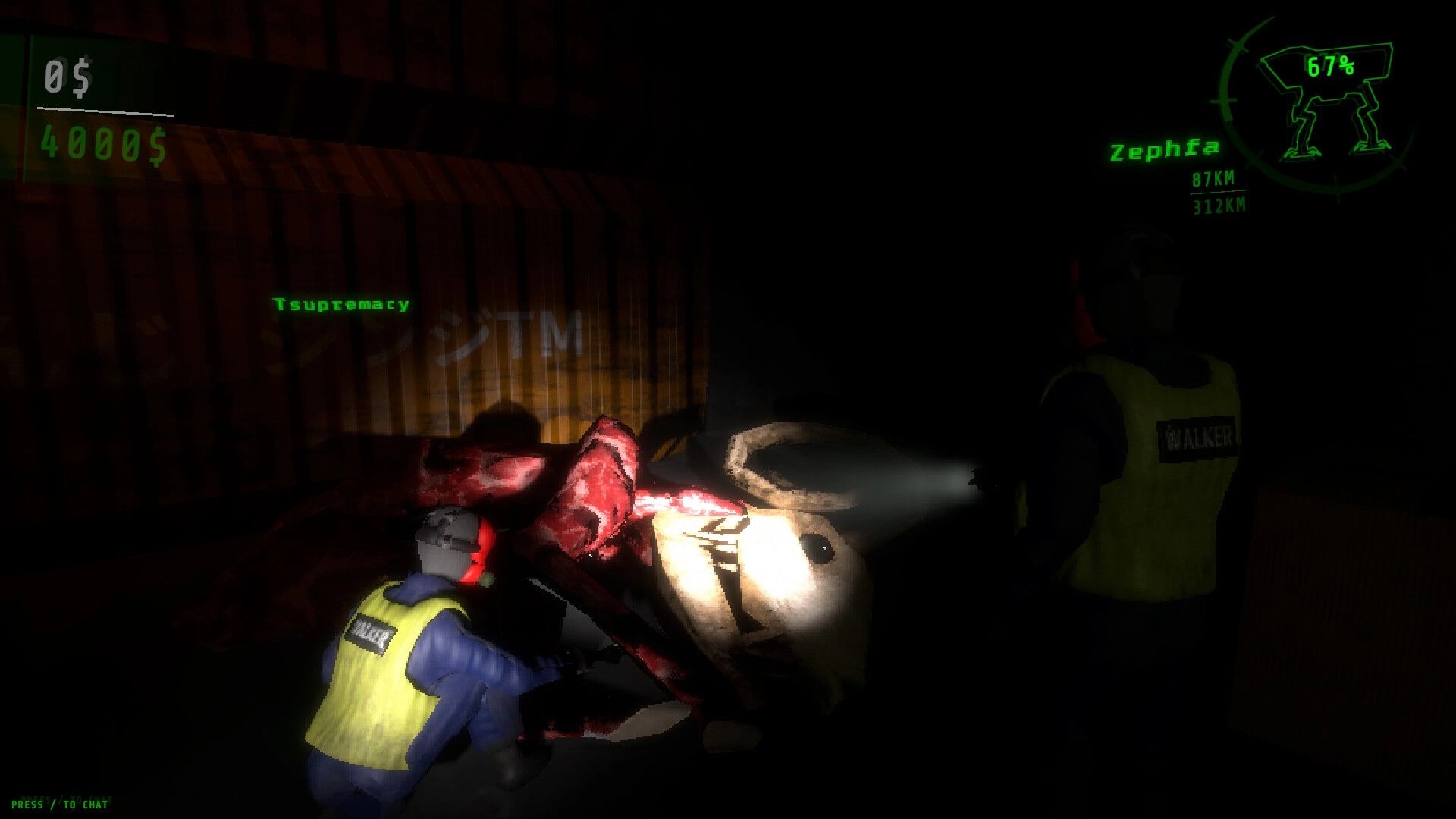 WALKER: Players Tsupremacy and Zephfa inspect a creature in dimly lit cargo area with HUD elements visible.