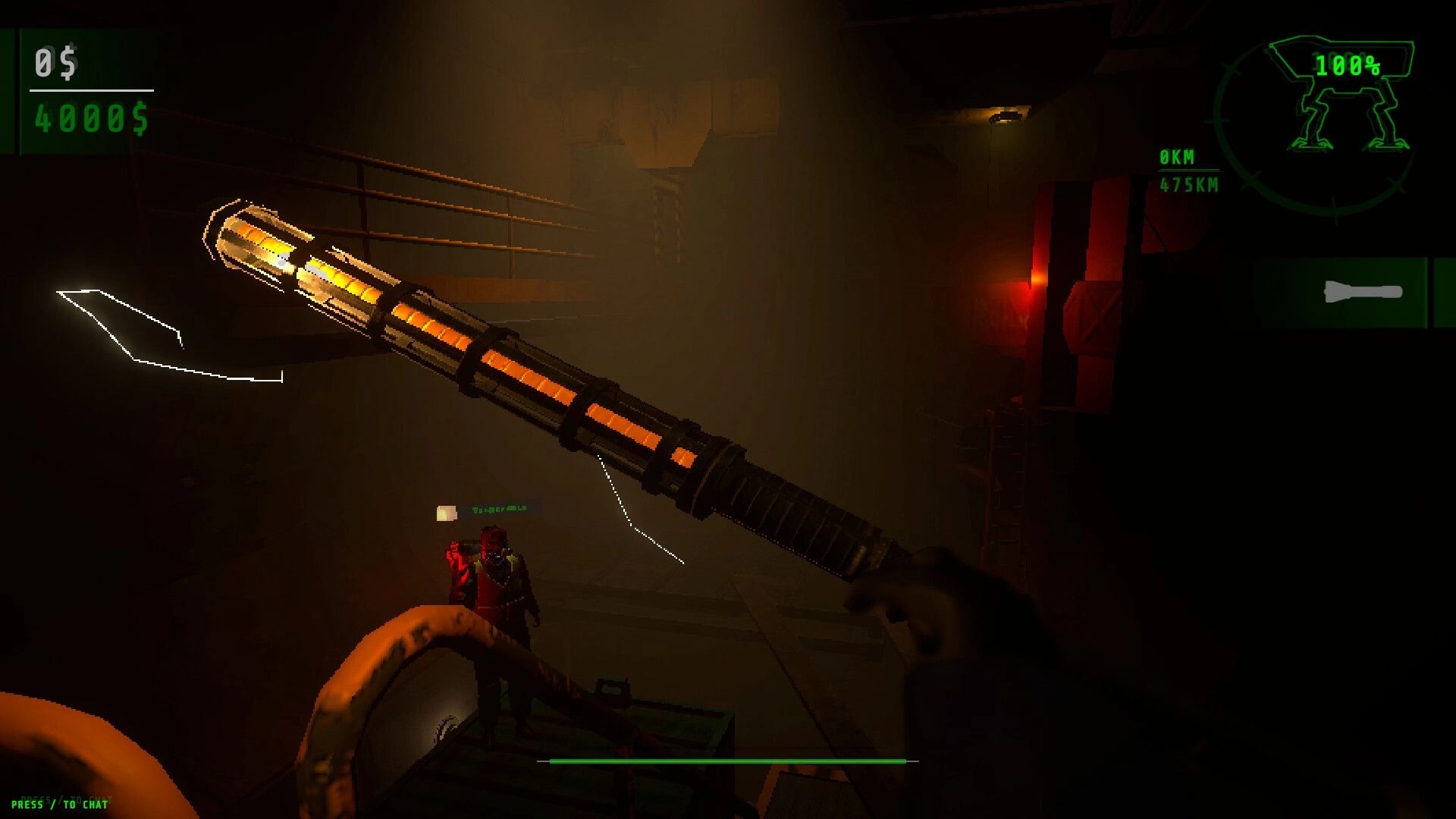 WALKER: Player wields a glowing weapon in dimly lit industrial corridor with interface elements visible.