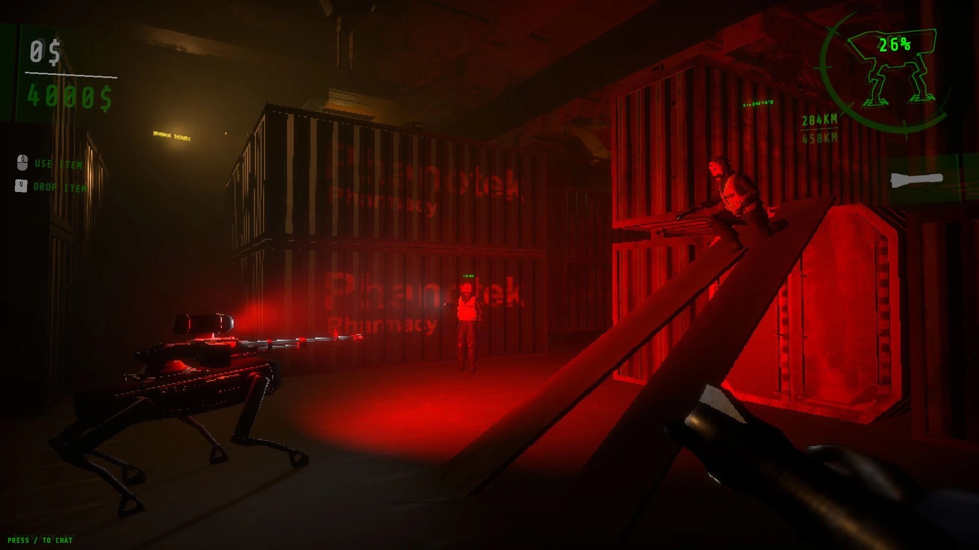 WALKER: Player navigates a dimly lit warehouse with crates, red lighting, and visible UI elements.