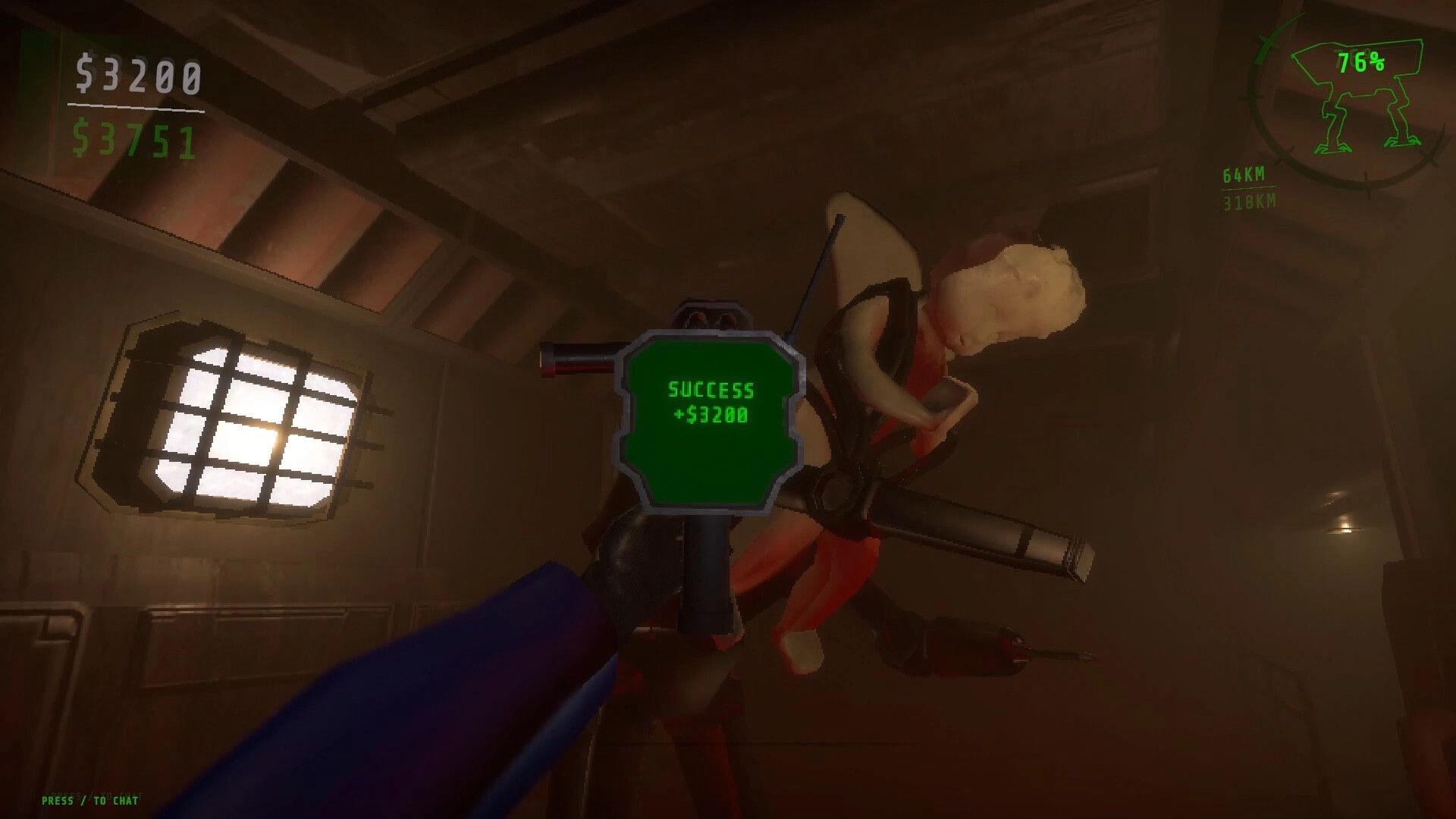 WALKER: Success notification with $3200 reward in dimly lit armored interior, radar at 76% visible