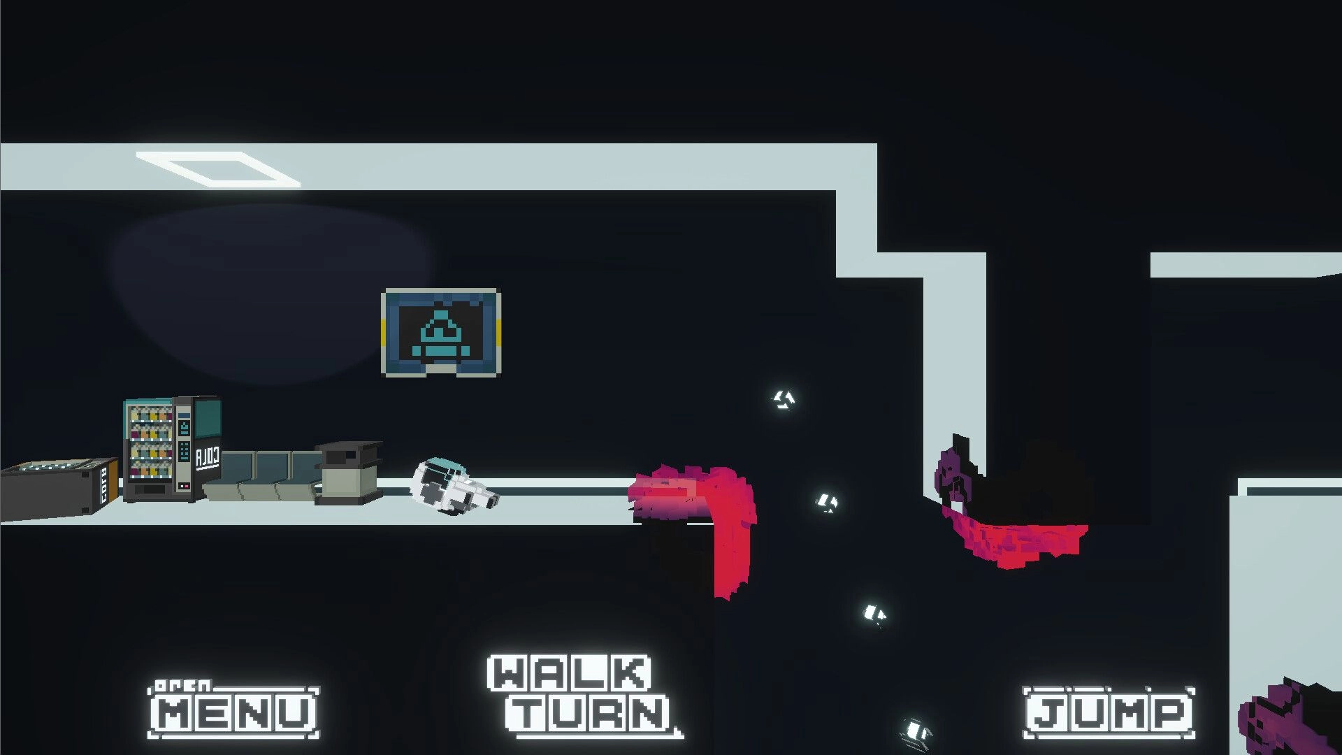 WalkWalkWalk: Robot lies by vending machines as purple foe leaps in dark corridor with menu UI.