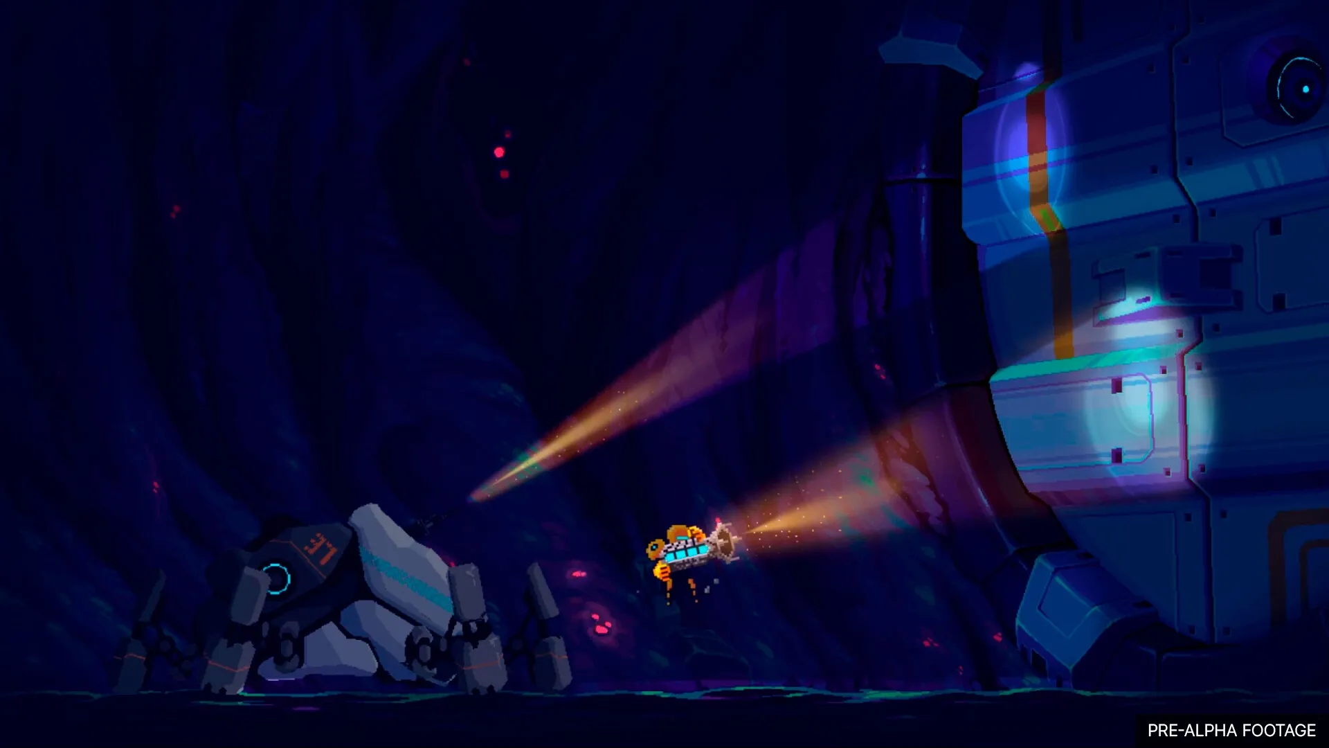 Wall World 2: Robospider exploring dark cavern with flashlight beams illuminating a large wall structure