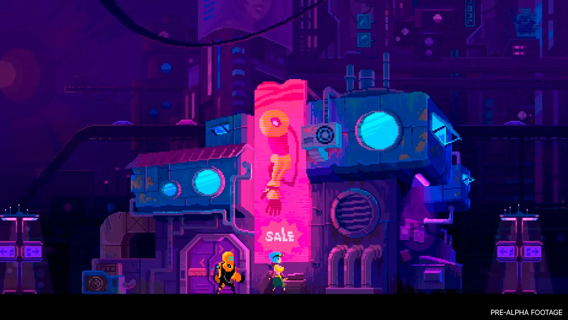 Wall World 2: Two characters exploring a neon-lit futuristic building with a large "SALE" sign