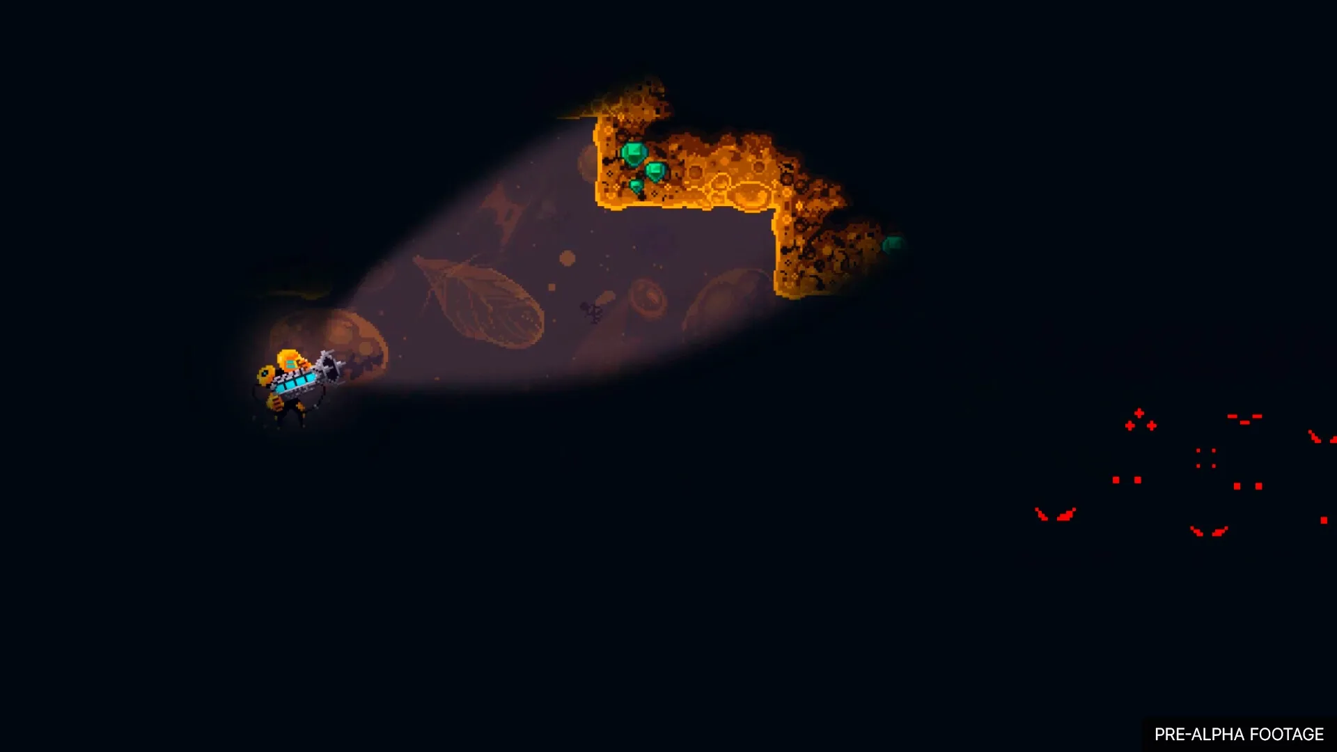 Wall World 2: Robospider explores dark cave with glowing minerals and approaching red-eyed creatures