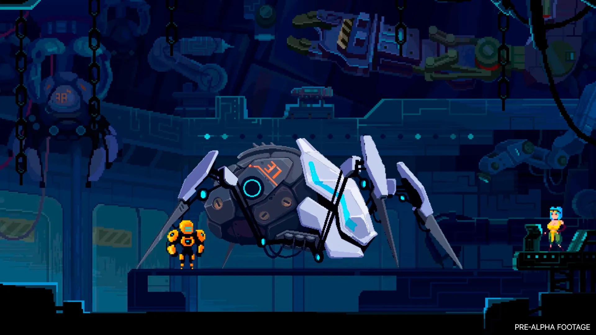 Wall World 2: Robospider and pilot in futuristic hangar with mechanical arms in the background