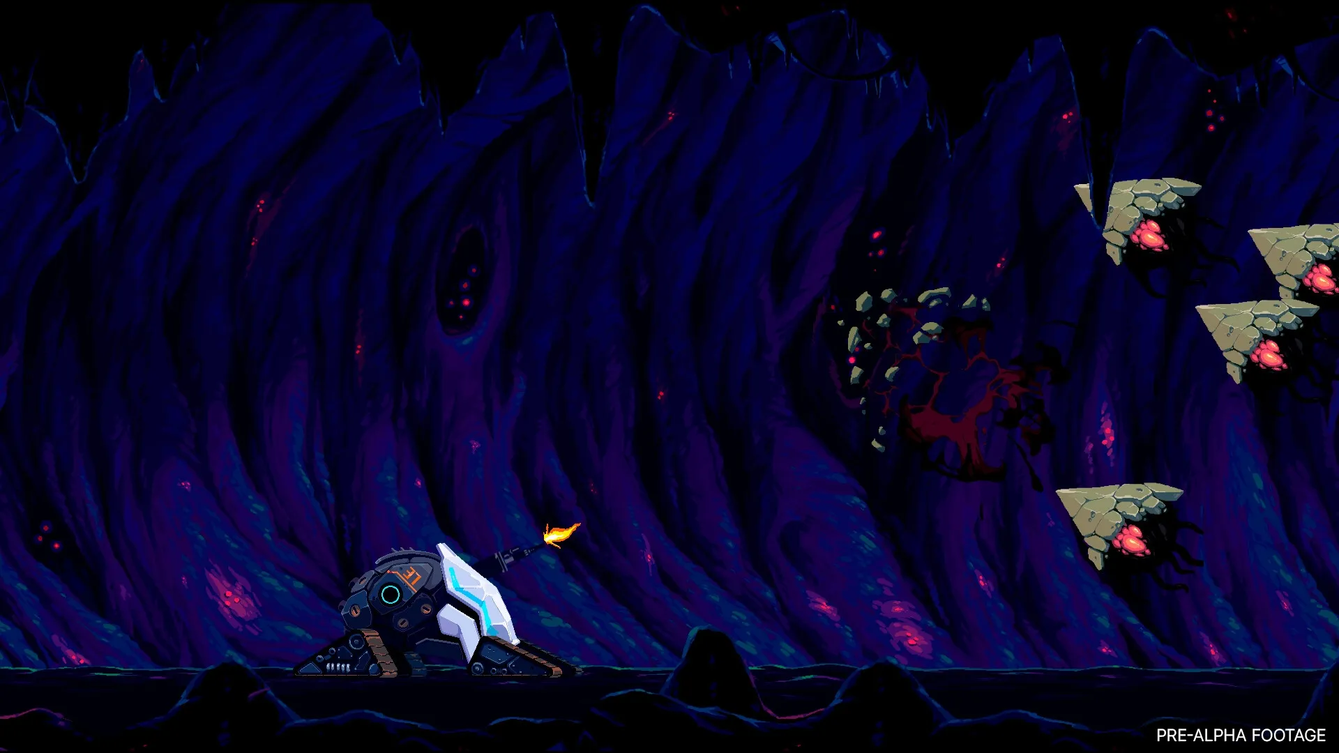 Wall World 2: Robospider shooting at flying enemies in a dark, cavernous environment