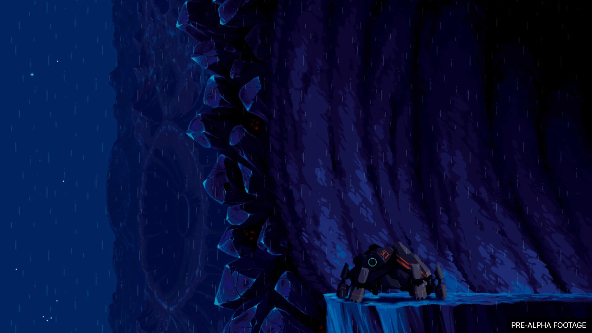 Wall World 2: Robospider climbing a dark, rocky cliff in a rainstorm with glowing blue crystals