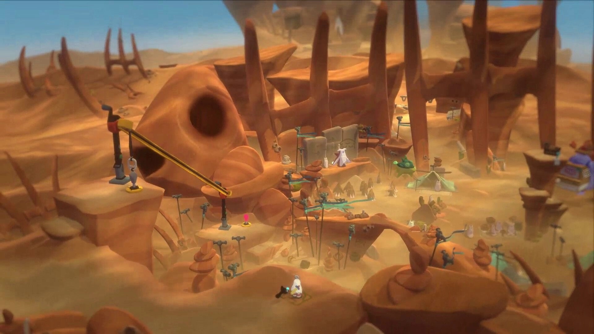 Waltz and Jam: Side-view desert canyon with bone-like spires, platforms, and a zipline puzzle route.
