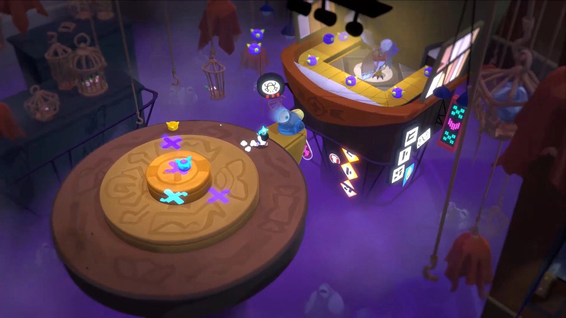 Waltz and Jam: Character on round platform with X marks near a neon bar in purple foggy void.