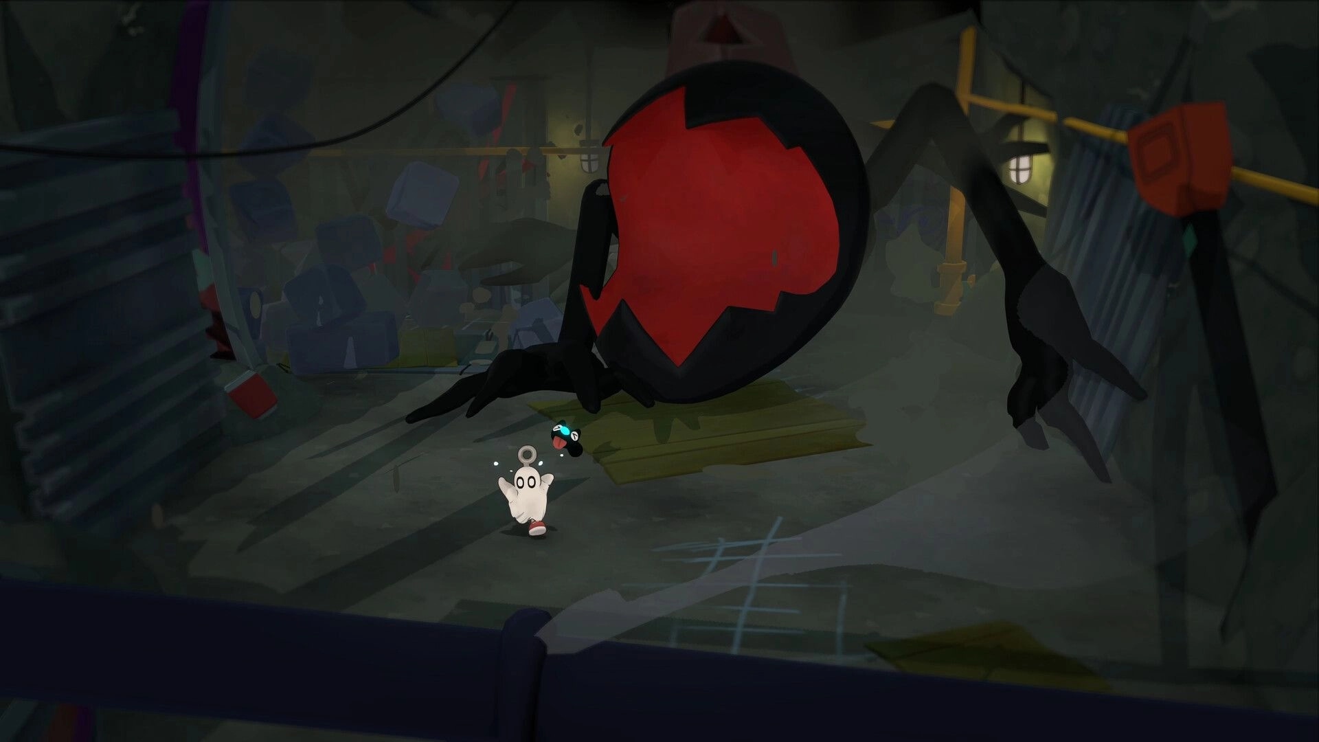 Waltz and Jam: Small white hero runs from a giant red spider in a dim, cluttered alleyway.