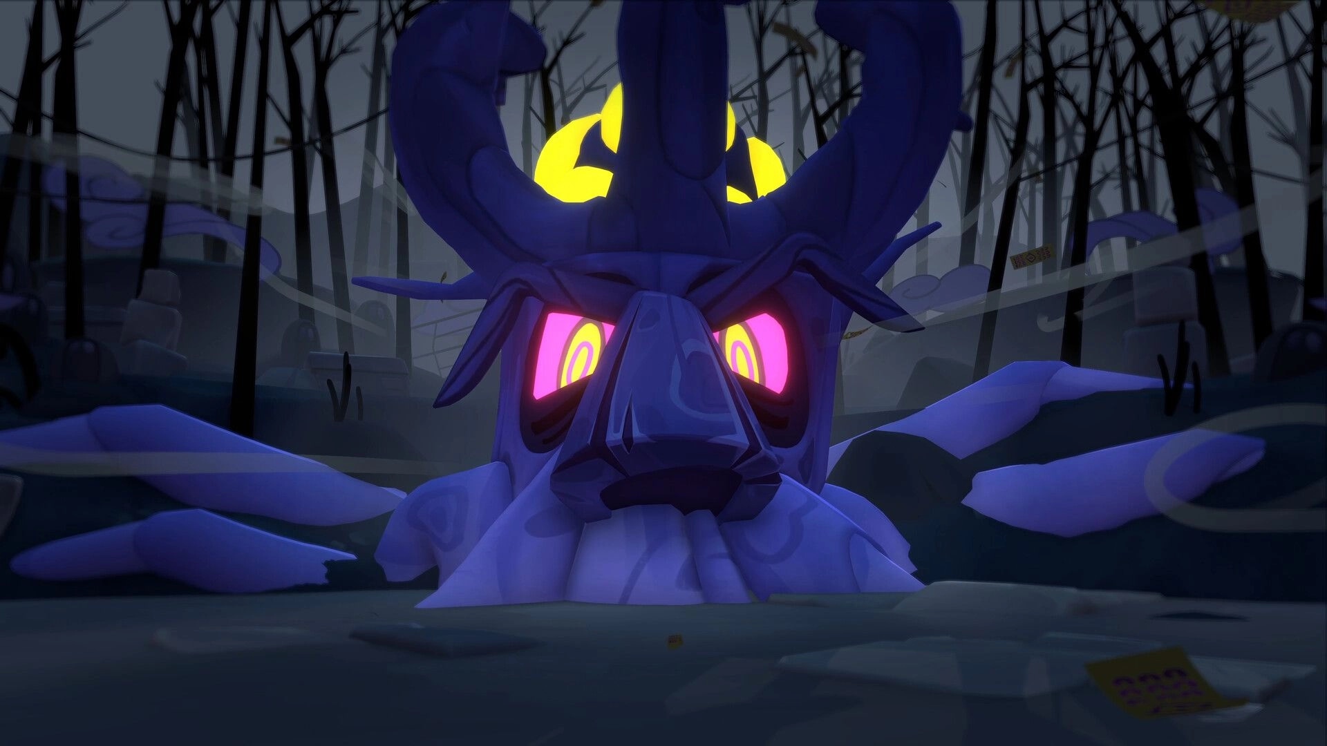 Waltz and Jam: Close-up of a horned stone creature with glowing eyes in a foggy graveyard forest.