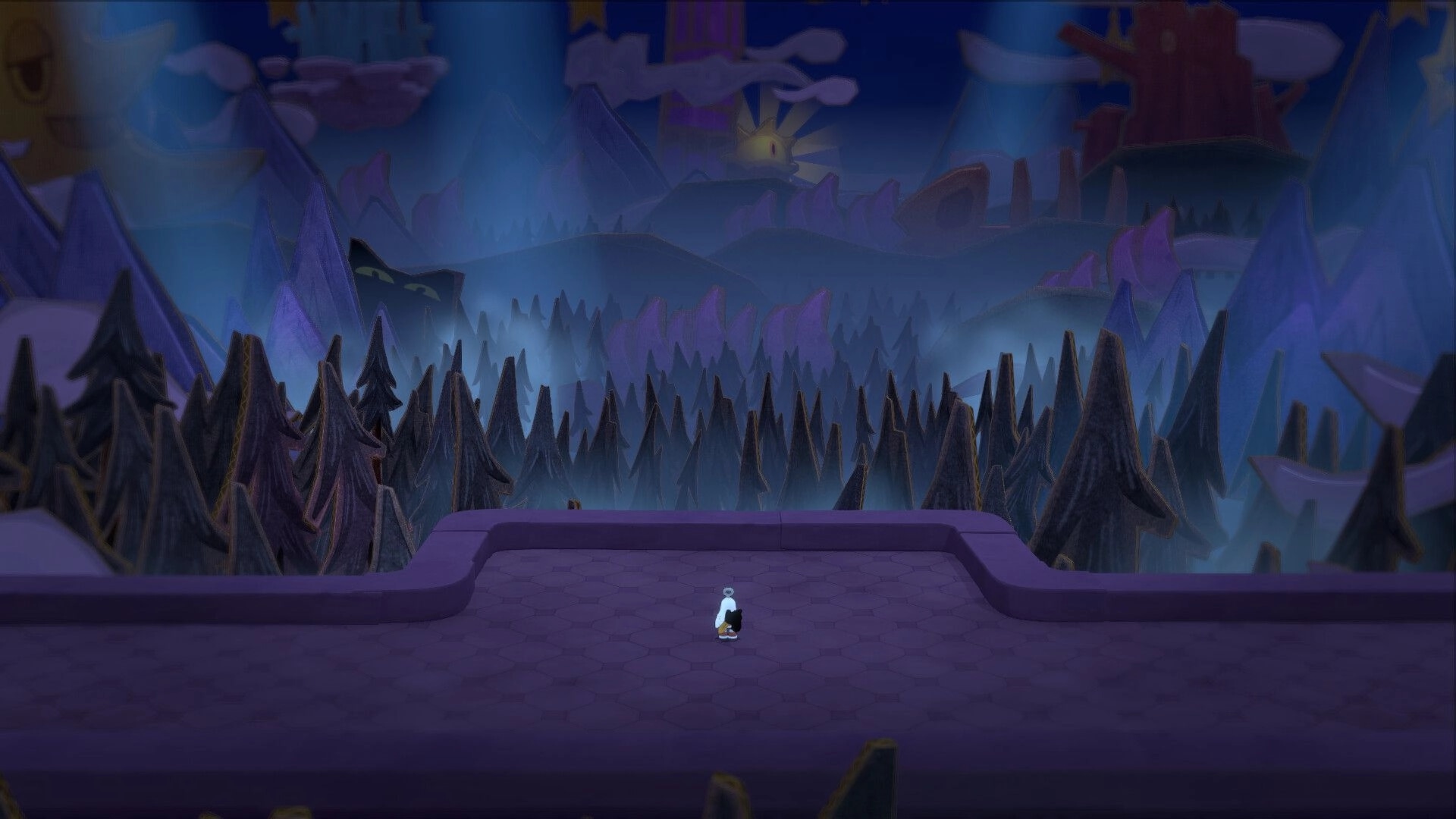 Waltz and Jam: Small character stands on purple platform overlooking misty, jagged forest hills.