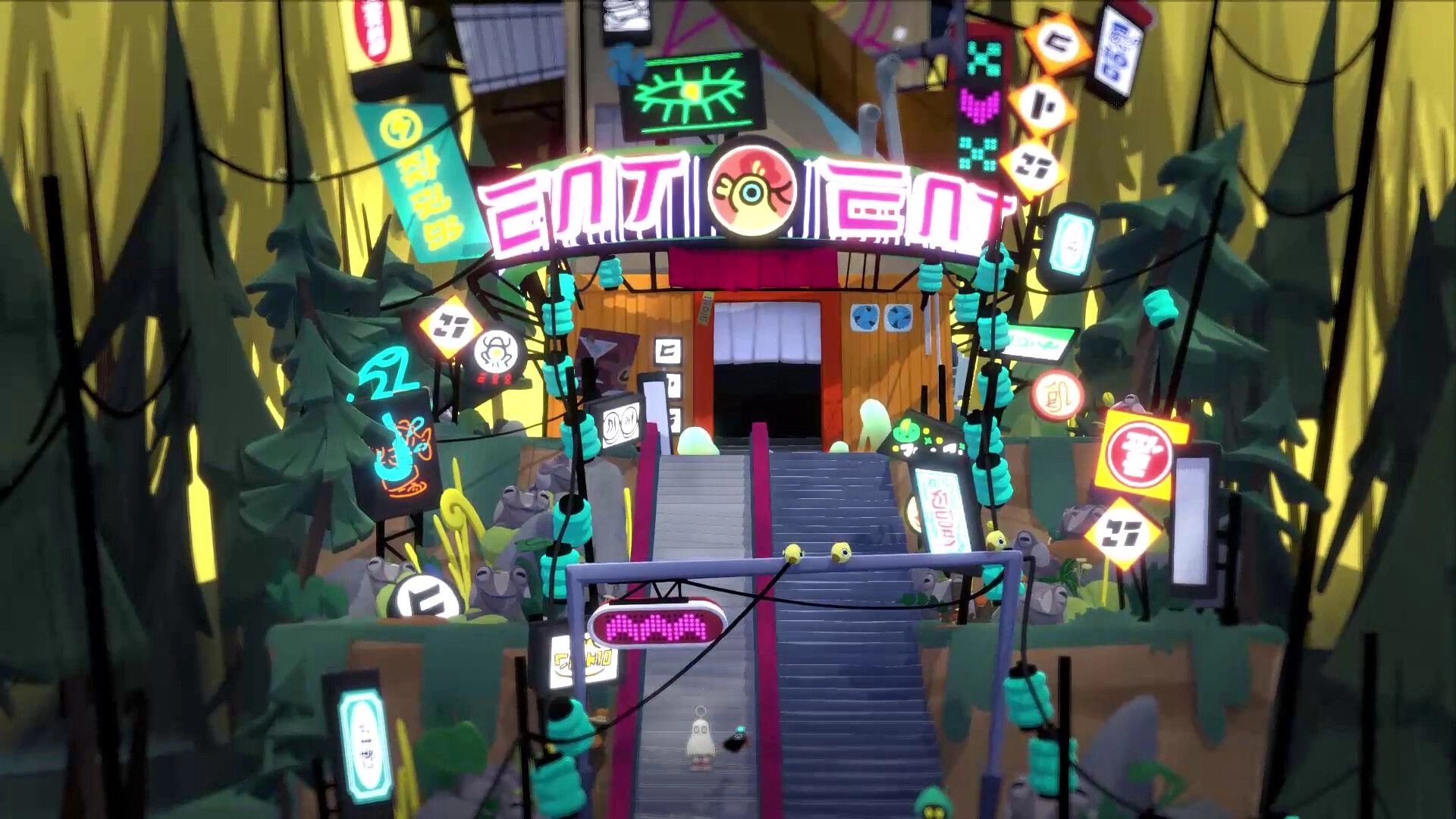 Waltz and Jam: Small character climbs stairs to a neon-signed building in a forest of cables.