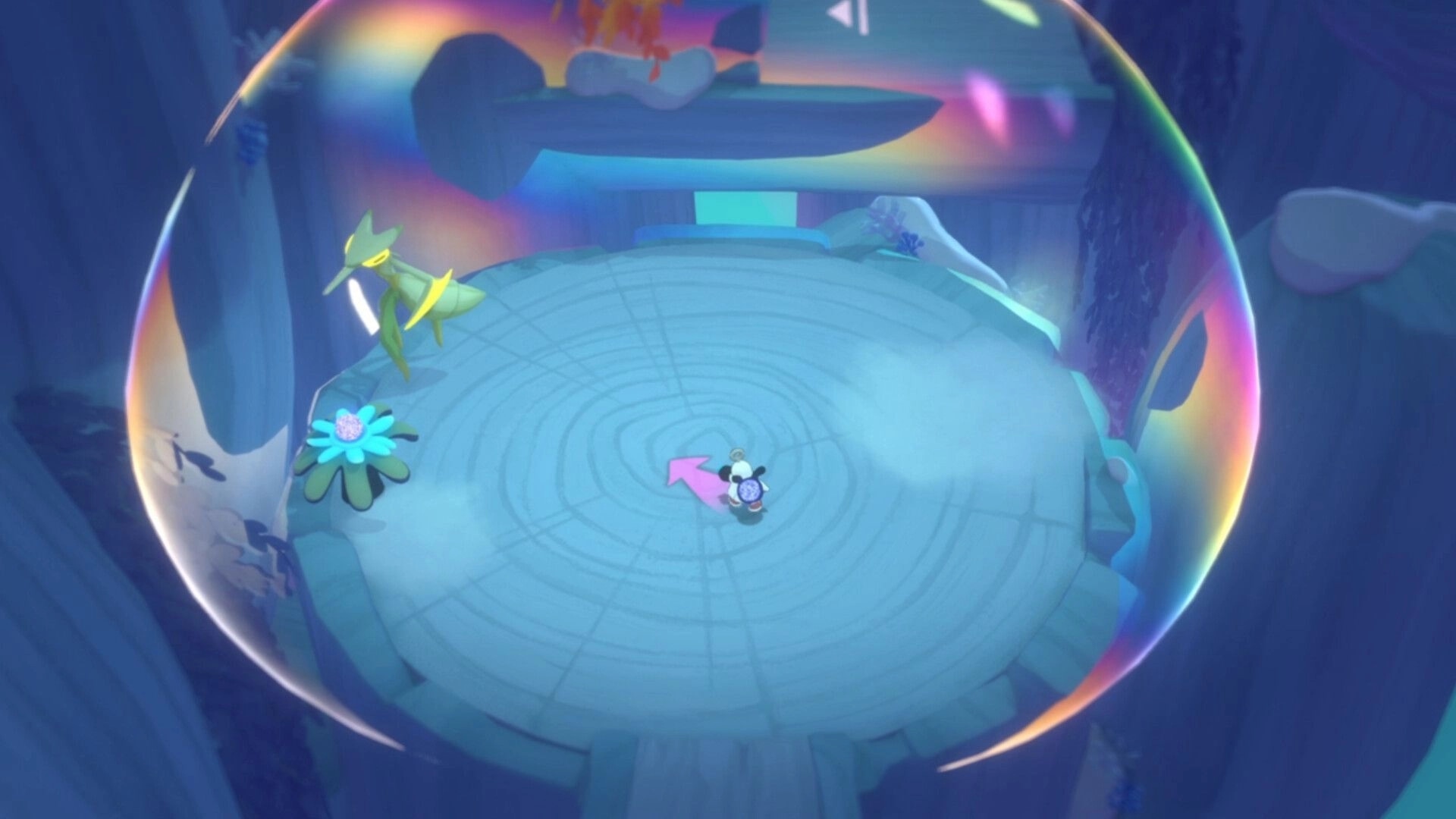 Waltz and Jam: Top-down view of Waltz on a round platform facing a green foe in a glowing bubble arena.