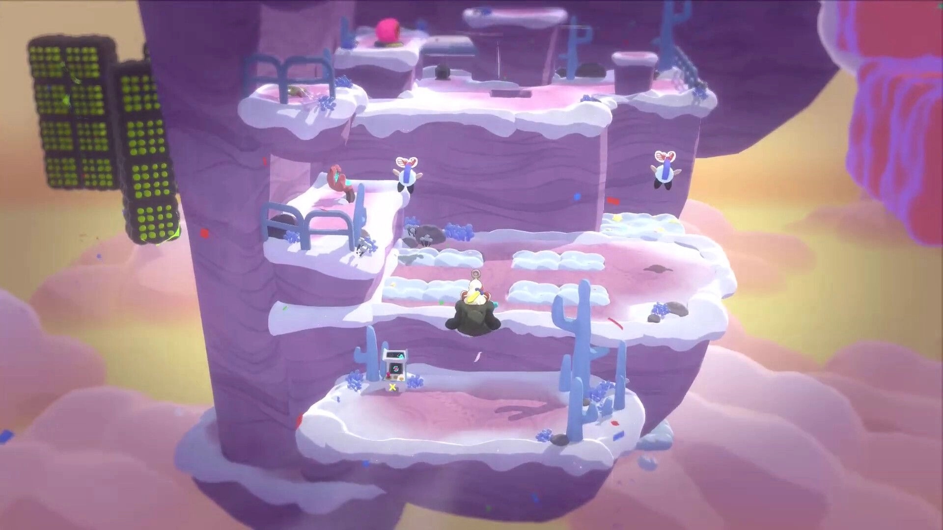 Waltz and Jam: Character climbs snowy pink cliff platforms with floating heart enemies in pastel canyon.