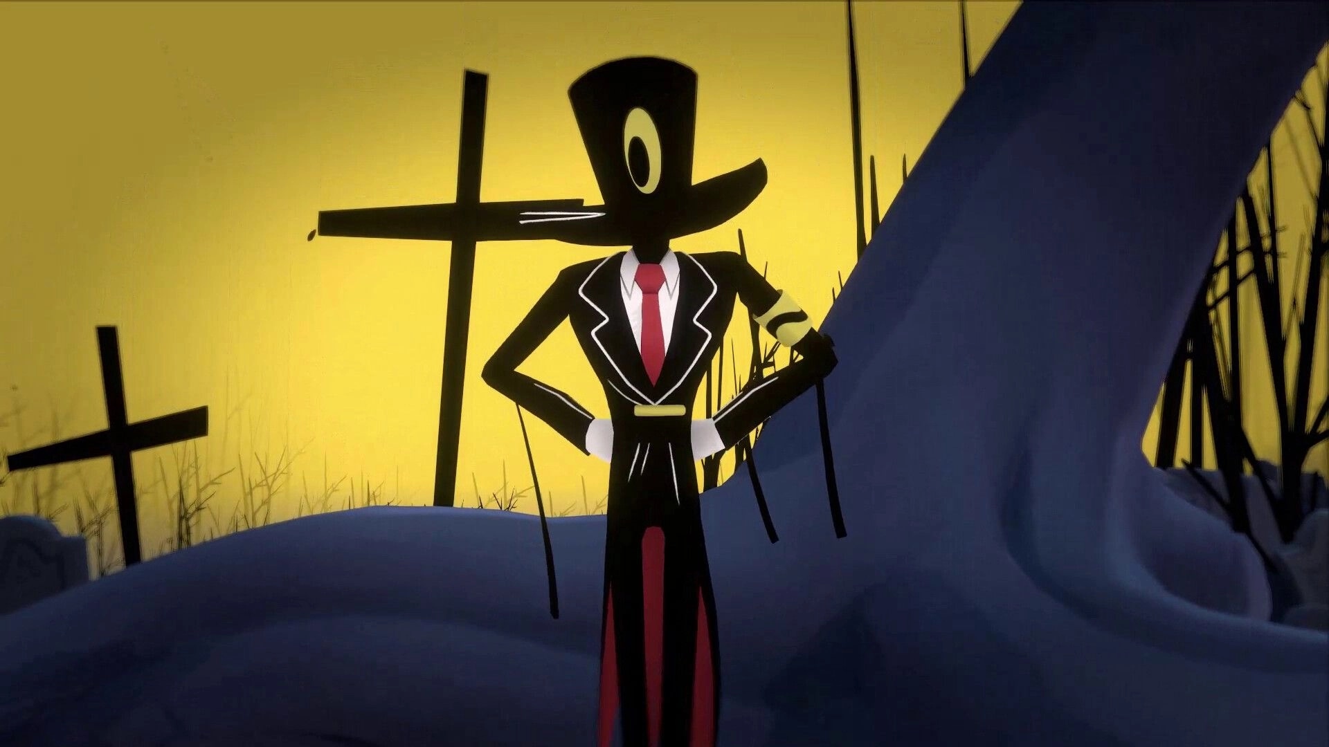 Waltz and Jam: Tall shadowy figure in suit stands hands-on-hips on snowy hill at dusk.