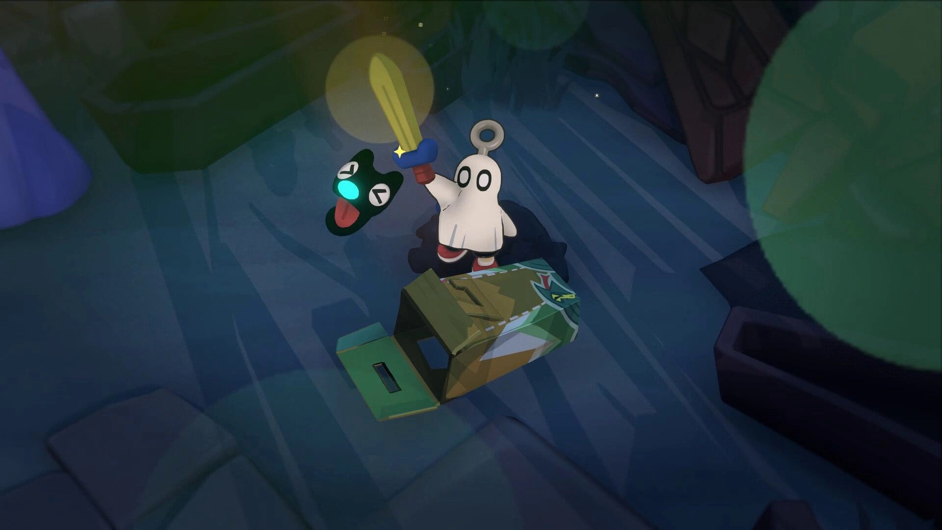 Waltz and Jam: Ghostly hero raises glowing sword by a cardboard chest on a rainy stone path.