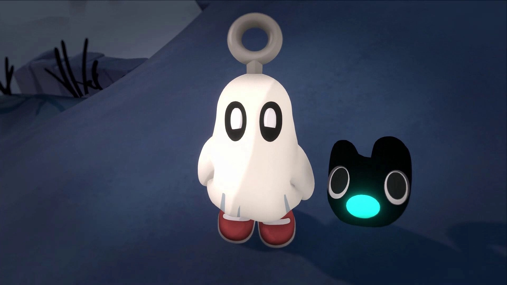Waltz and Jam: Waltz stands beside Jam’s glowing face companion on a snowy blue hillside at night.