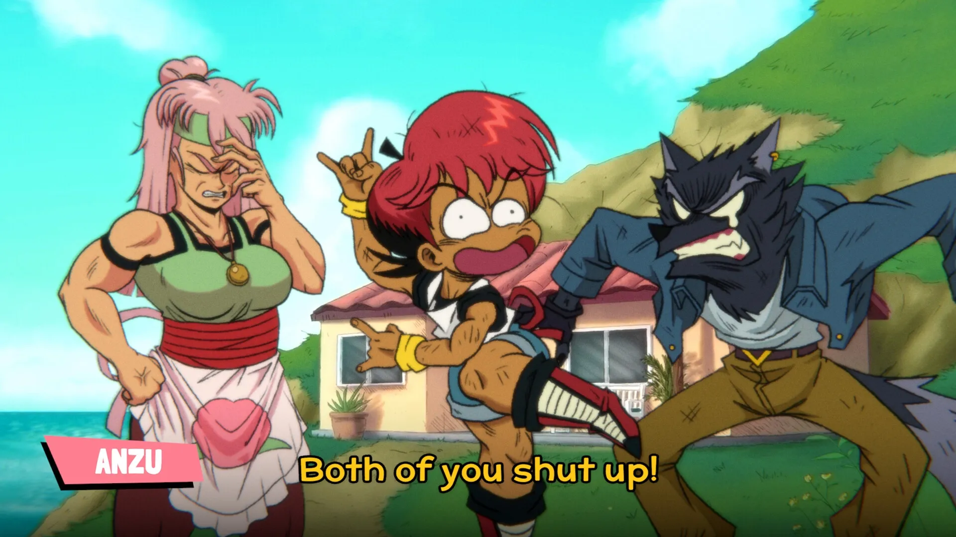 Wander Stars: Anzu mediates a heated argument between two characters in a sunny, coastal village.