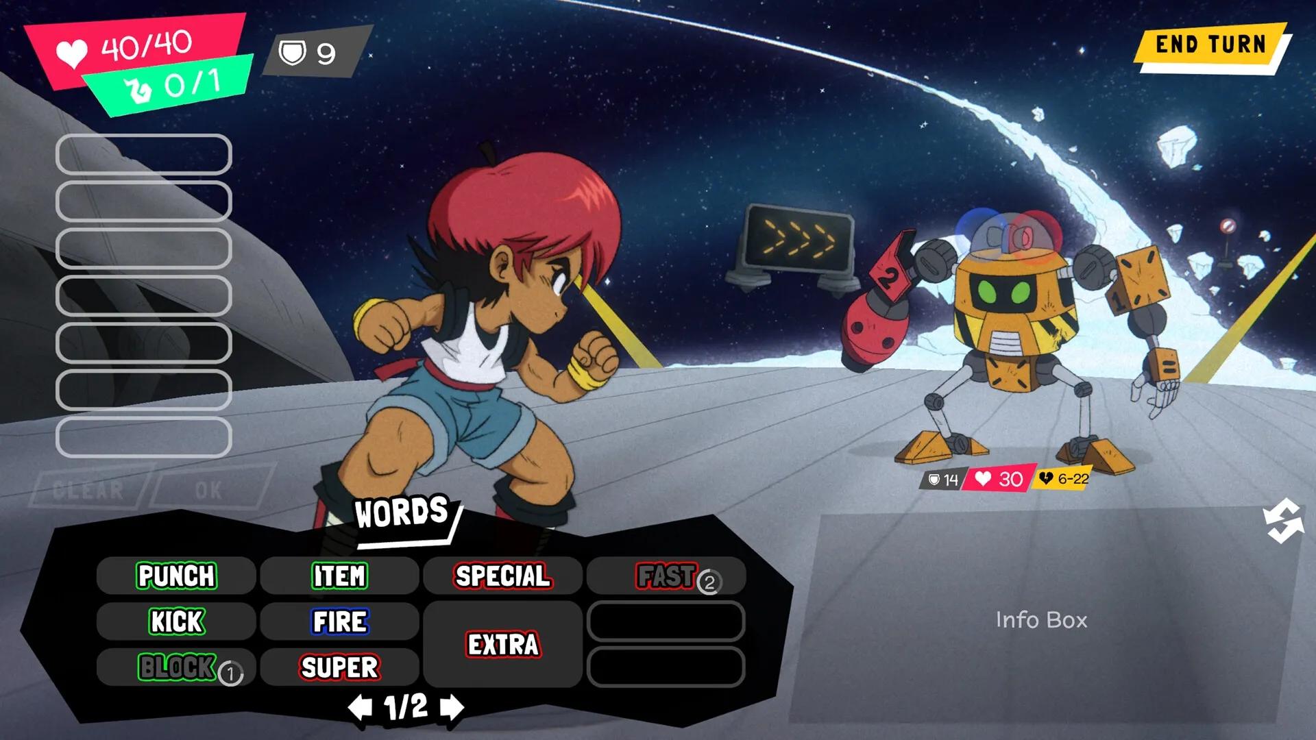 Wander Stars: Character battles robot on space platform with attack options displayed in menu